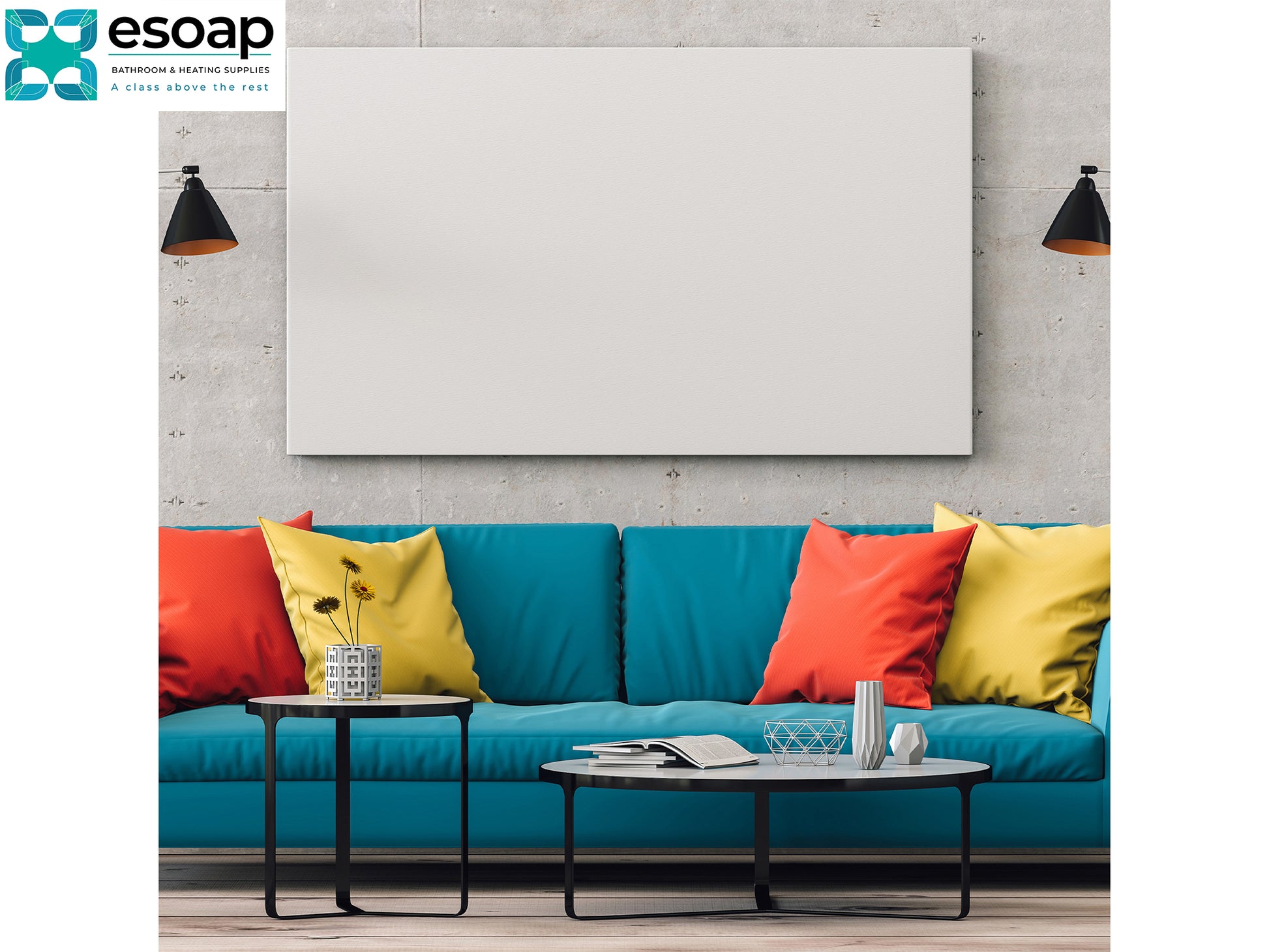 Blue sofa with colorful pillows in a modern living room setting, featuring the esoap logo and 700W Premium Frameless Infrared Heating Panel