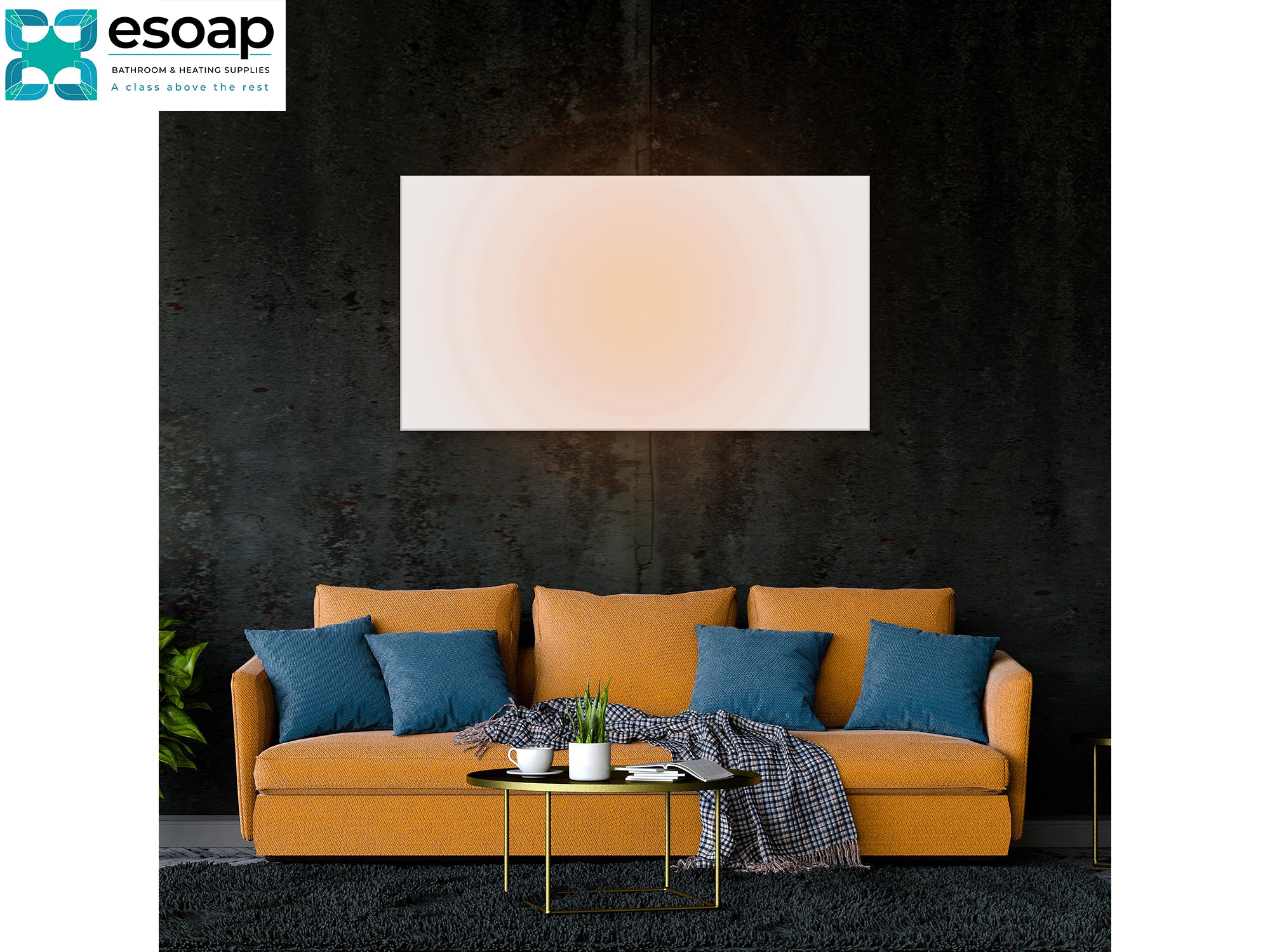 Orange sofa with blue cushions against a dark wall, featuring the Esoap brand logo with 700W Premium Frameless Infrared Heating Panel on wall