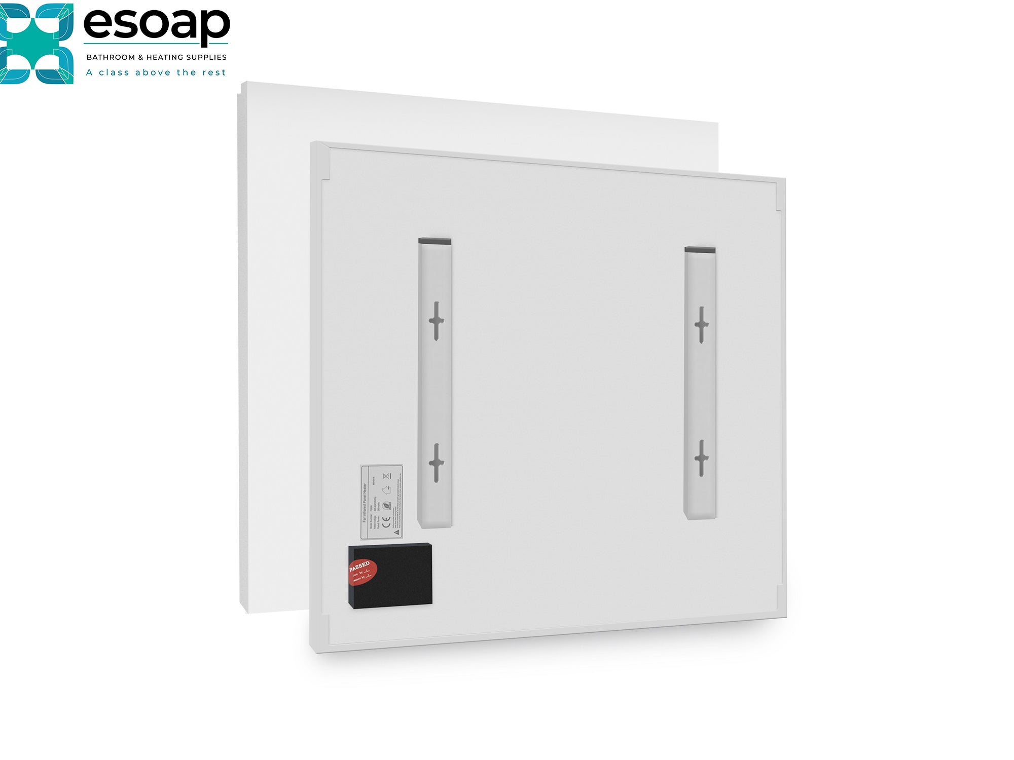 Front and Back of 350W Premium Frameless Infrared Heating Panel on a white background, featuring the Esoap logo.
