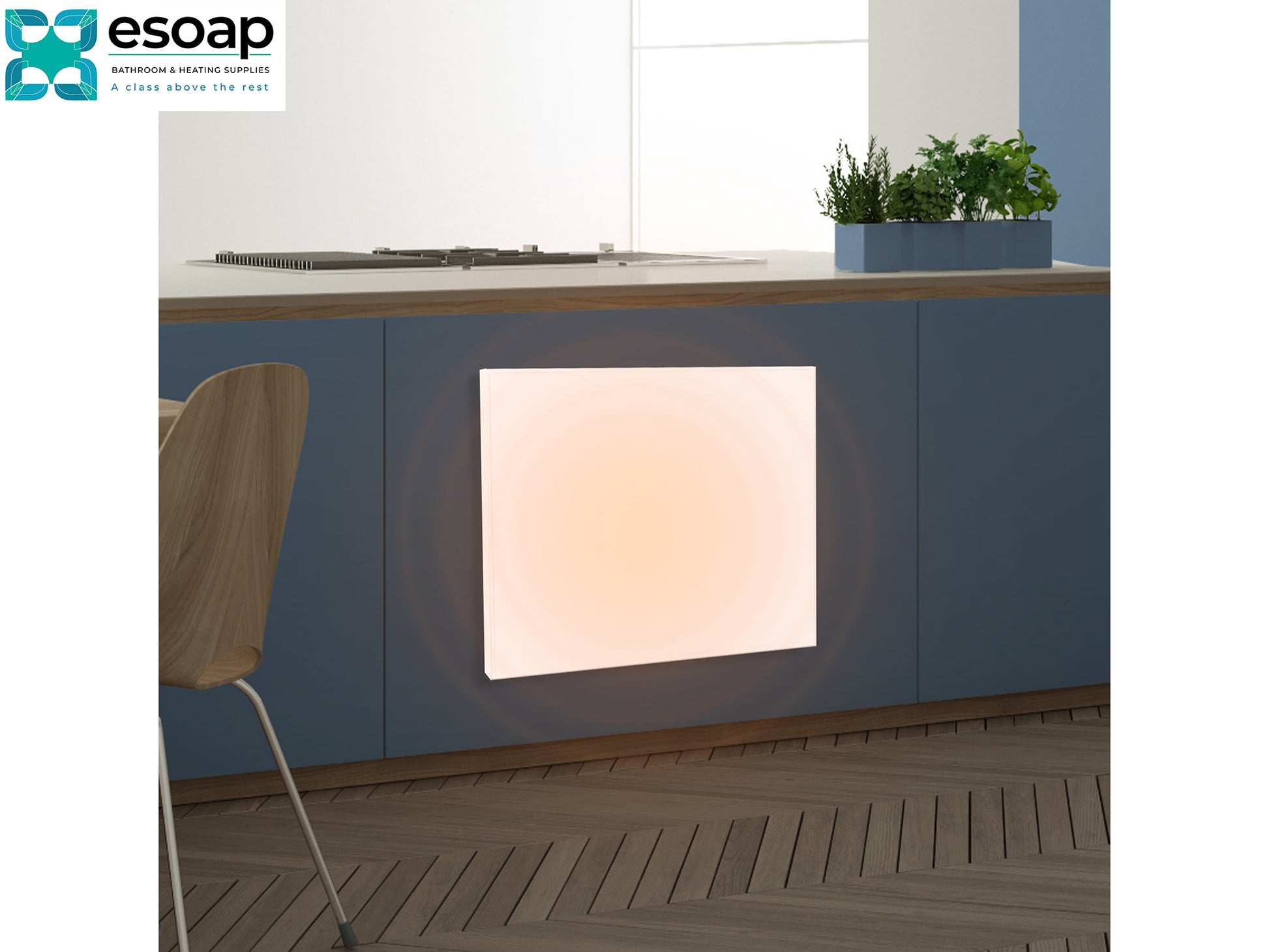 Modern kitchen with a built 350W Premium Frameless Infrared Heating Panel and 'esoap' branding.