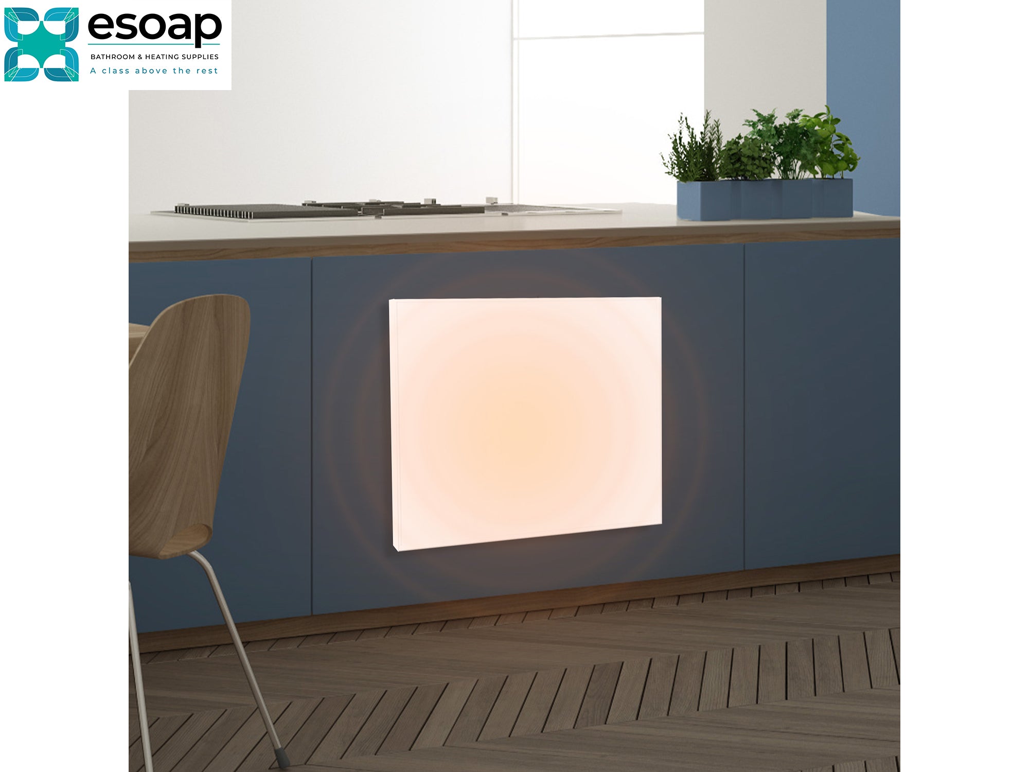 Modern kitchen with a built 350W Premium Frameless Infrared Heating Panel and 'esoap' branding.
