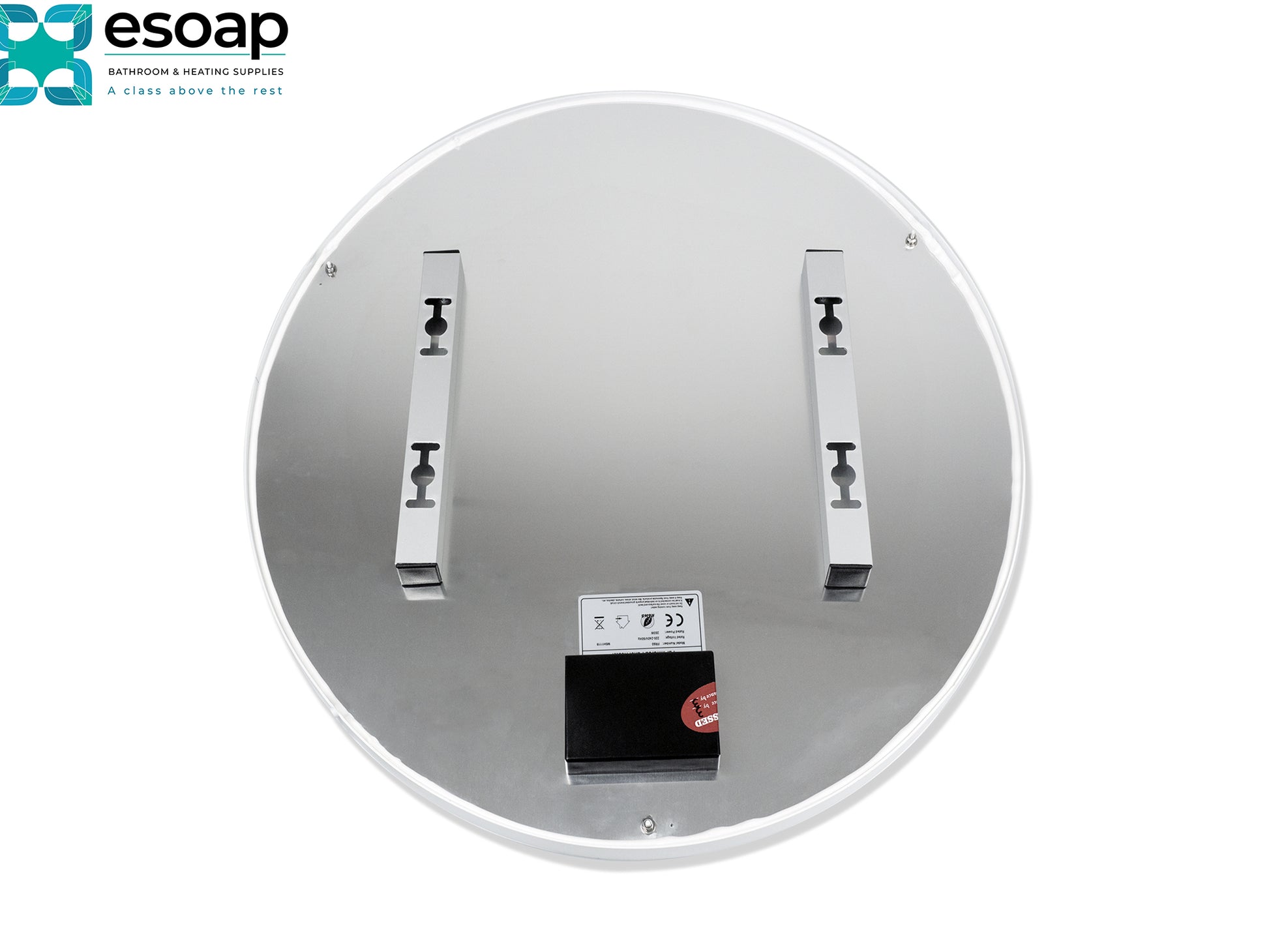 Back of 280W Premium Round Frameless Infrared Heating Panel with metal brackets on a white background, featuring the Esoap logo.