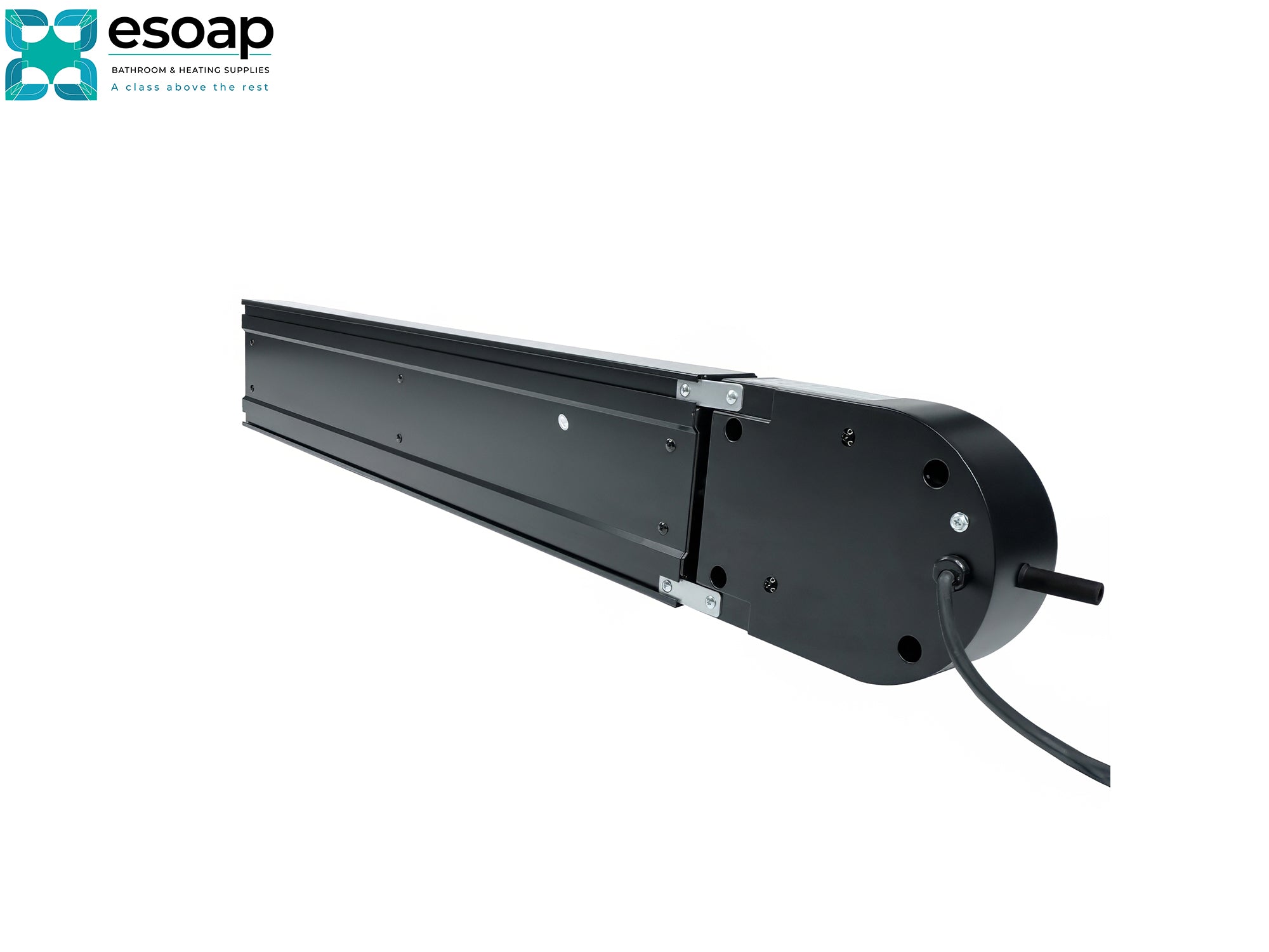 Back of 1.2kW Ionis Infrared Bar Heater Black With Wi-Fi with a cable on a white background, featuring the Esoap logo.