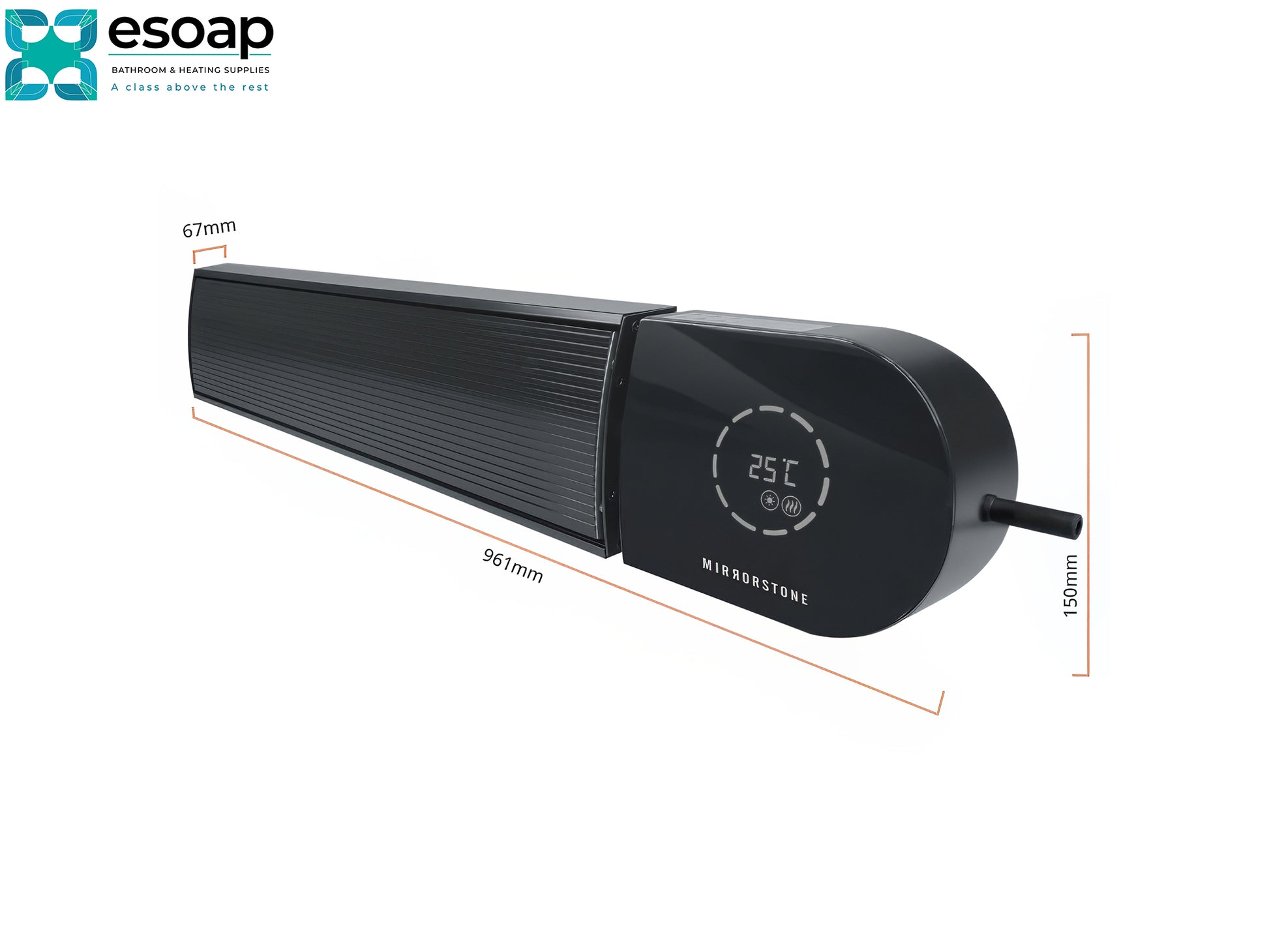 1.2kW Ionis Infrared Bar Heater Black With Wi-Fi with digital display and dimensions on a white background, featuring the Esoap brand.