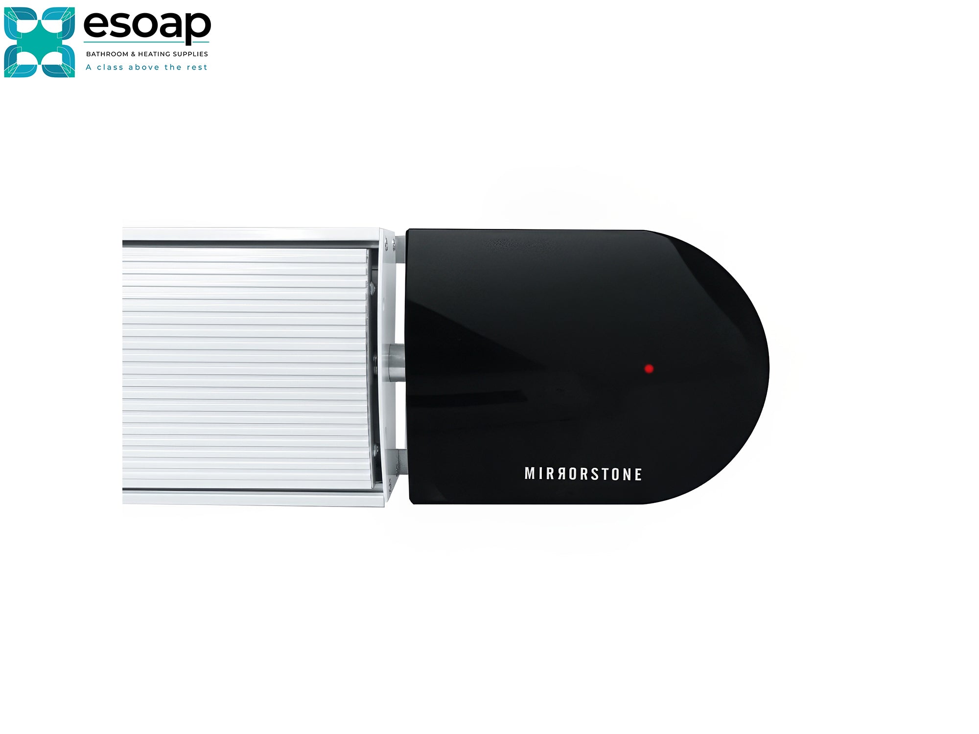 Black display with white filter on a white background, featuring the Mirrorstone brand for 1.8kW Ionis Infrared Bar Heater White