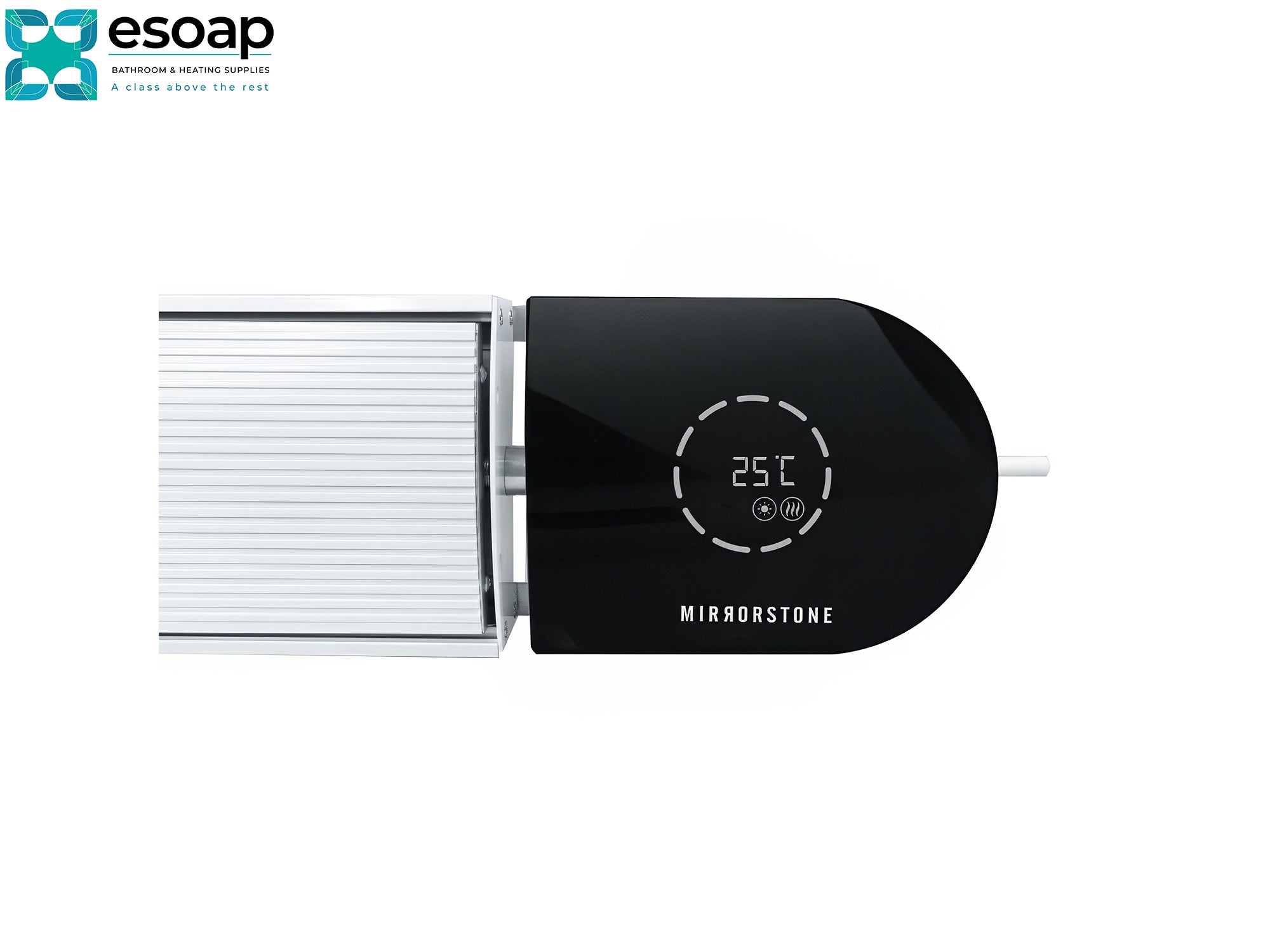 Black Display and 1.8kW Ionis Infrared Bar Heater White With Wi-Fi on a white background, featuring the Mirrorstone brand.