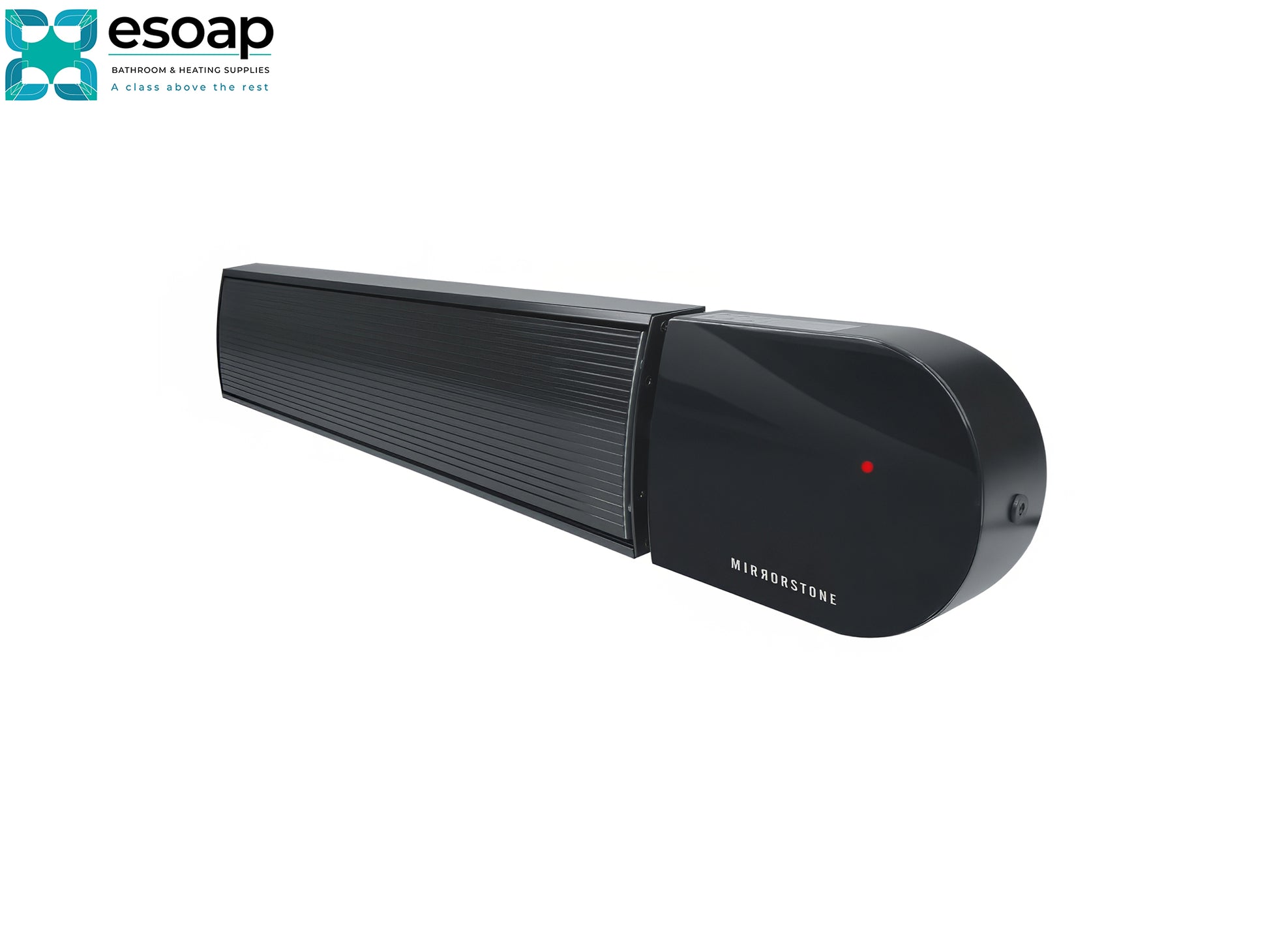 2.4kW Ionis Infrared Bar Heater Black with 'Mirostone' branding on a white background, featuring the Esoap logo.