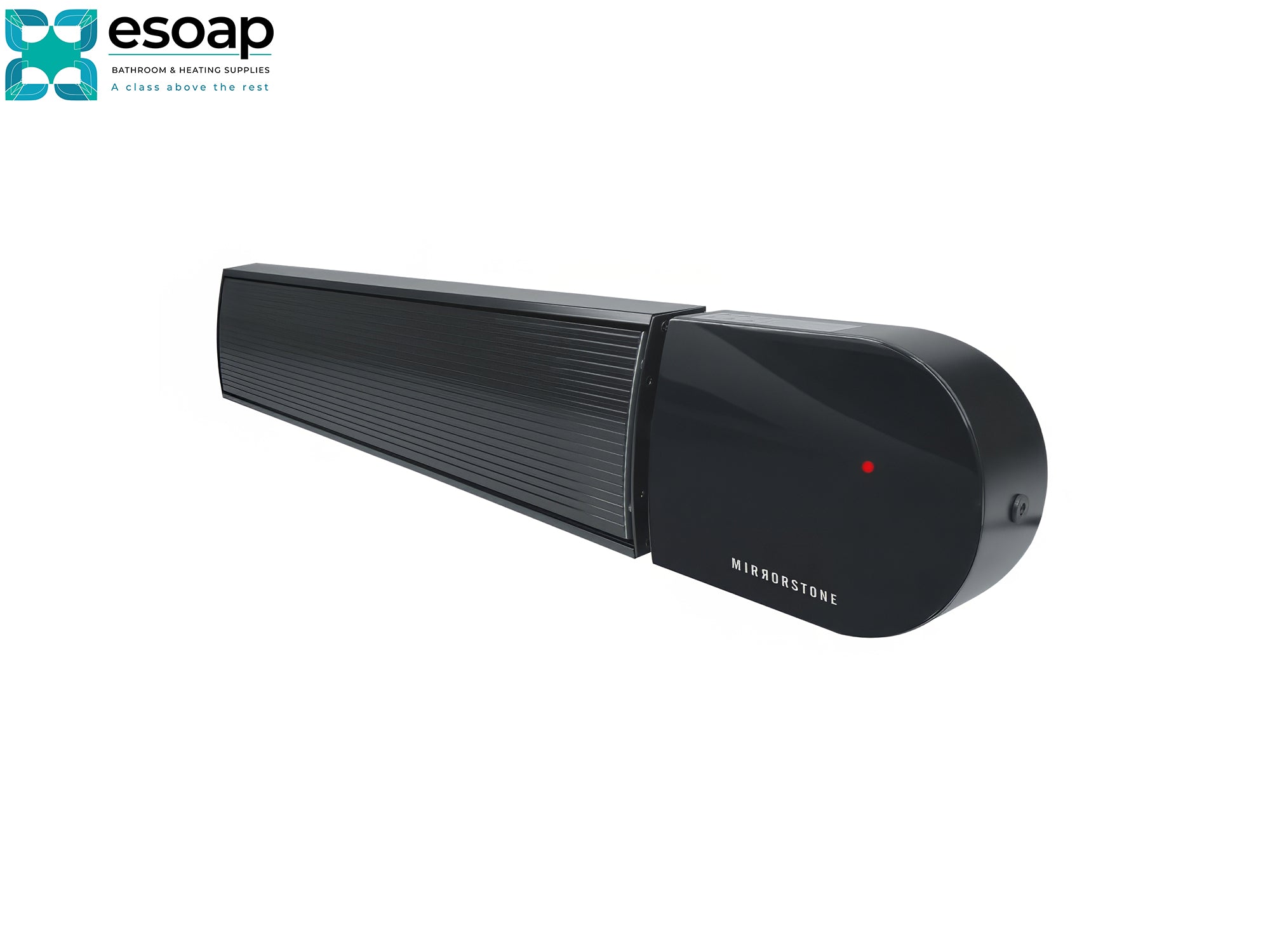 2.4kW Ionis Infrared Bar Heater Black with 'Mirostone' branding on a white background, featuring the Esoap logo.