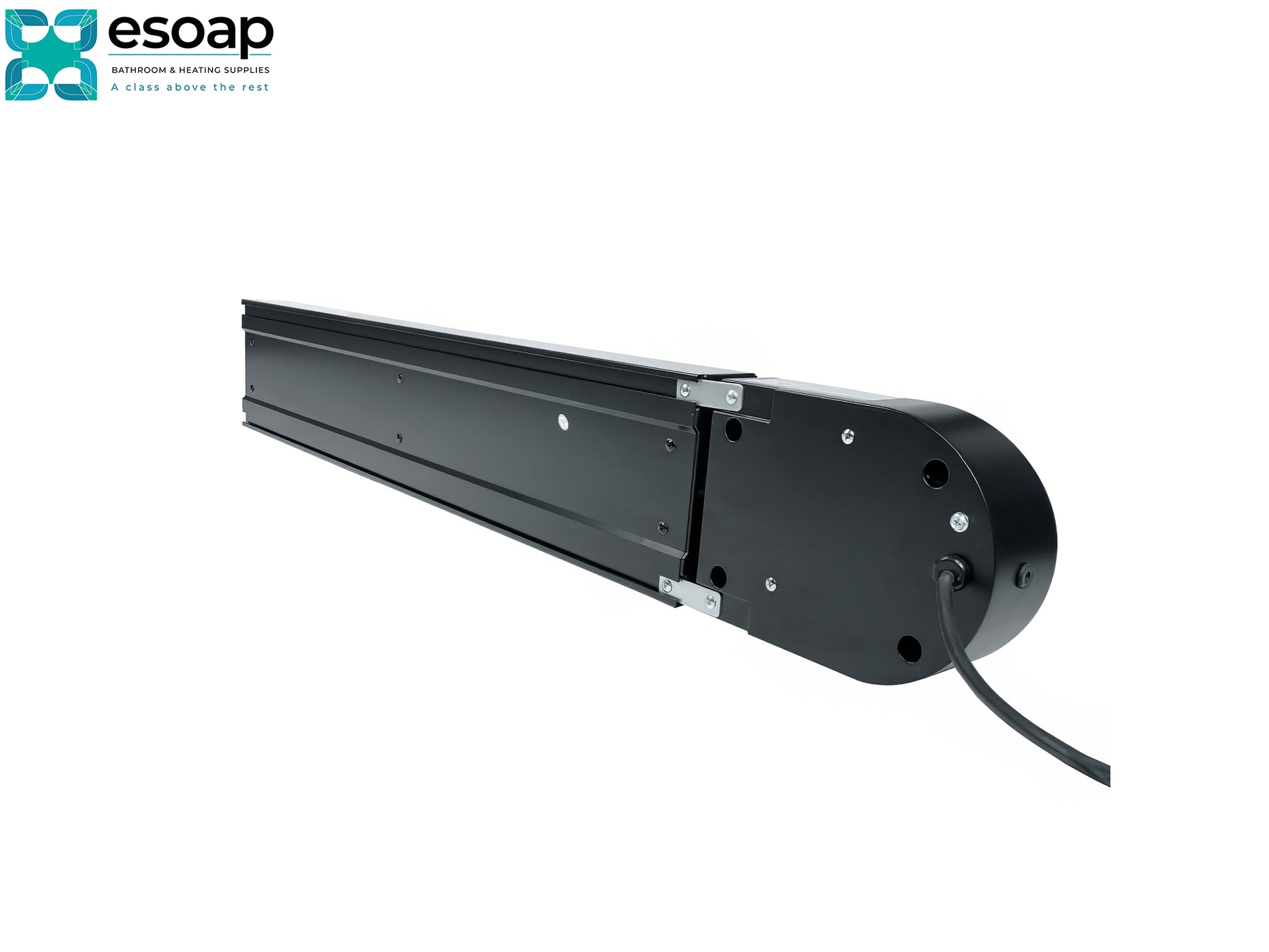 Back of 2.4kW Ionis Infrared Bar Heater Black on a white background with 'esopap' logo.