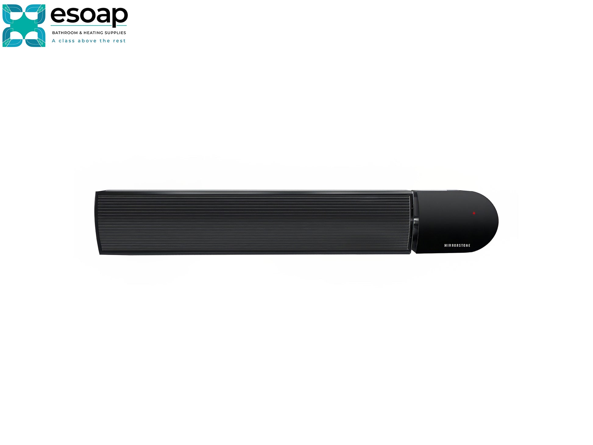 2.4kW Ionis Infrared Bar Heater Black with 'esoap' branding on a white background