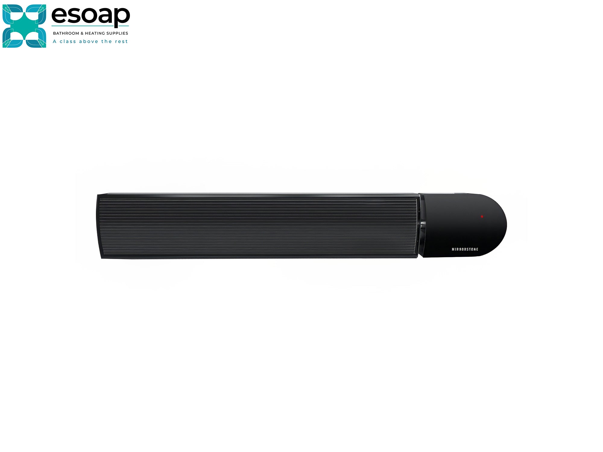 2.4kW Ionis Infrared Bar Heater Black with 'esoap' branding on a white background