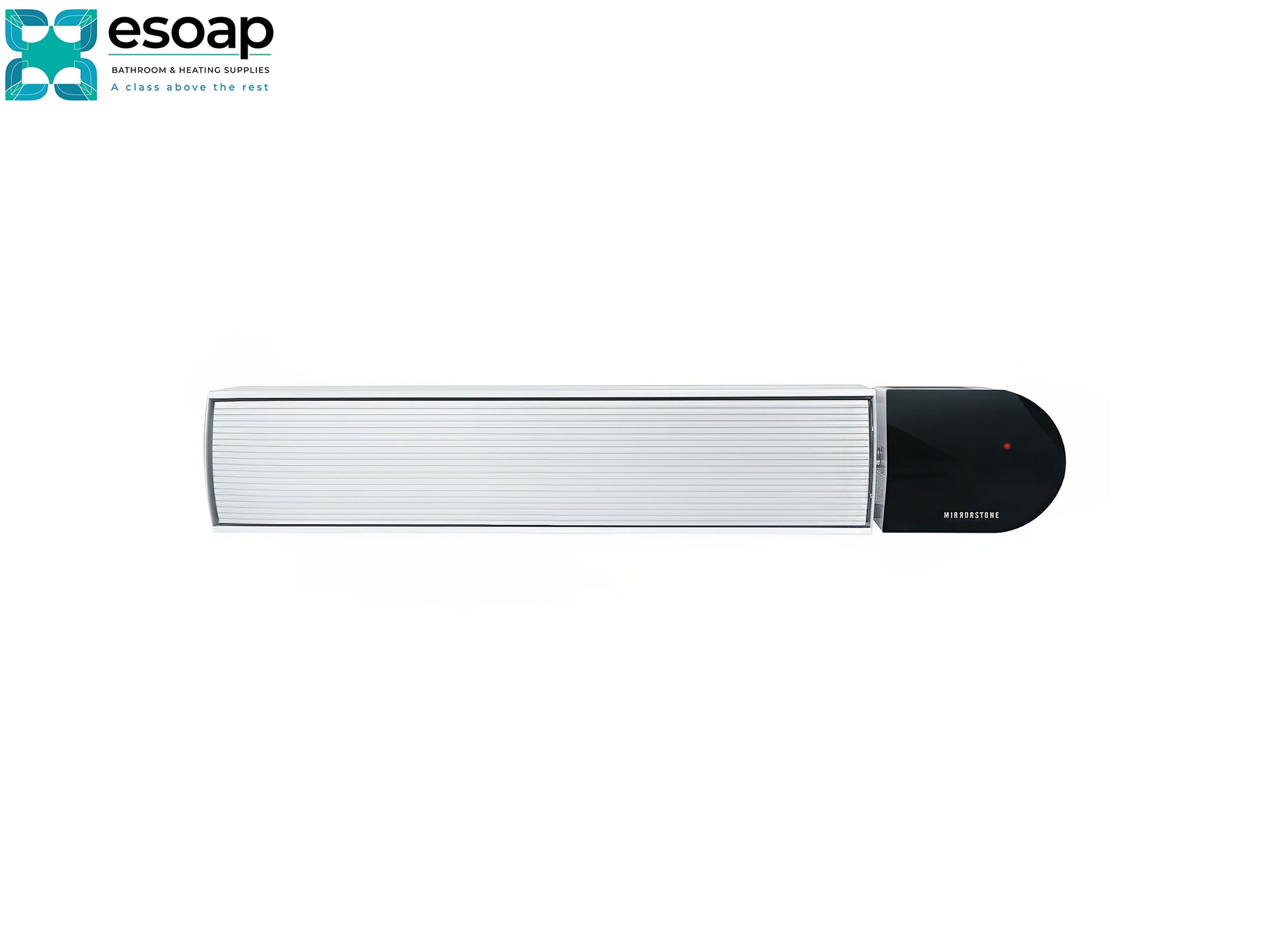 2.4kW Ionis Infrared Bar Heater White with black end caps on a white background, featuring the Esoap logo.