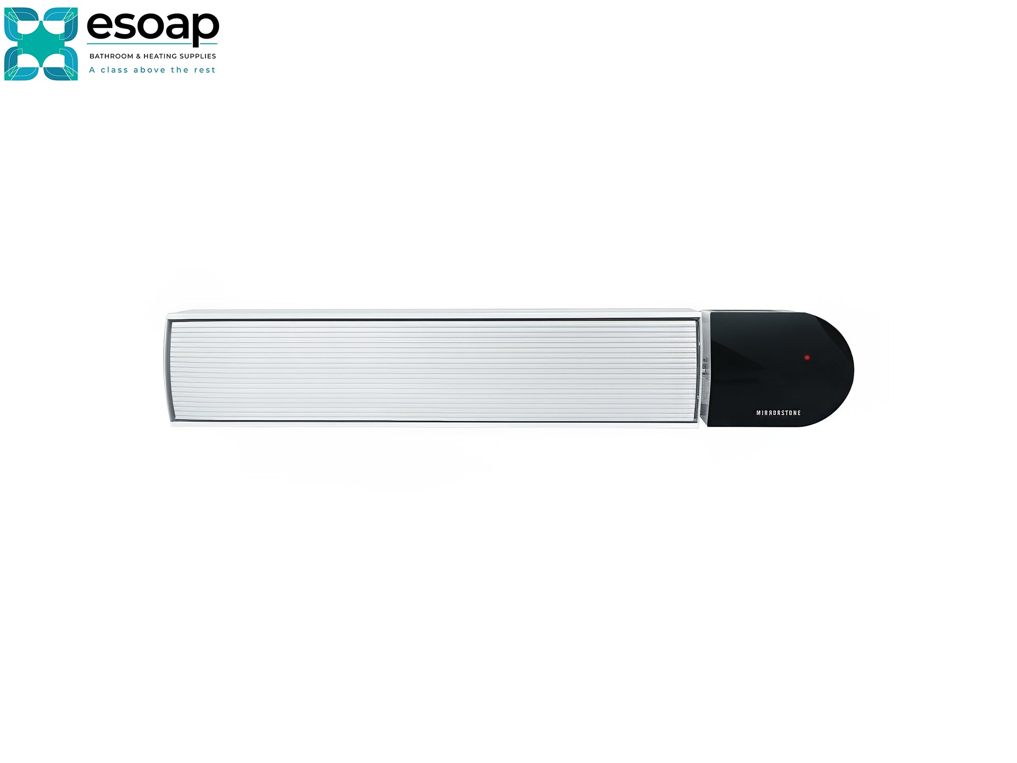 2.4kW Ionis Infrared Bar Heater White with black end caps on a white background, featuring the Esoap logo.