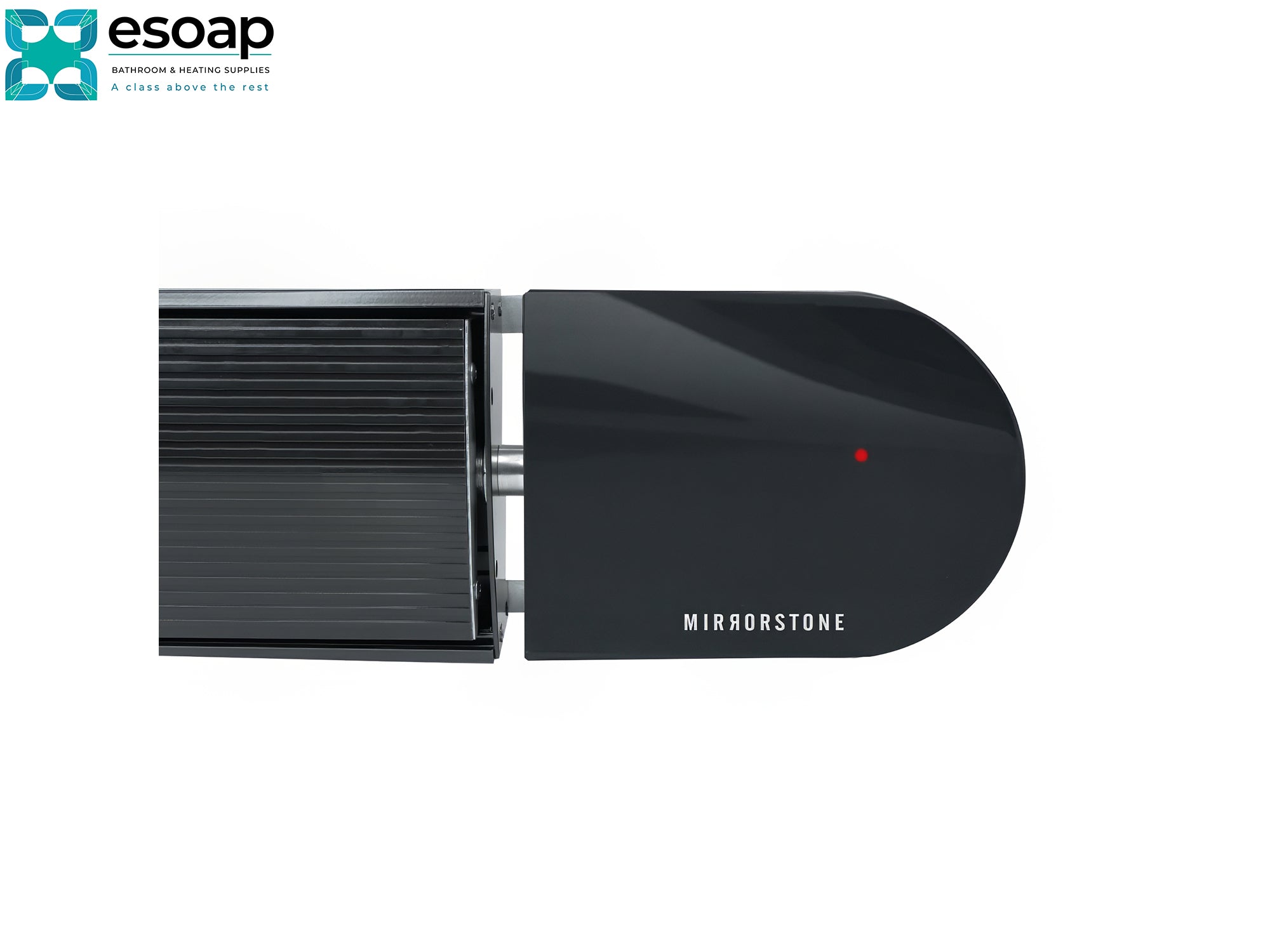 2.4kW Ionis Infrared Bar Heater Black with 'Mirrorstone' branding on a white background, featuring the Esoap logo showing display.