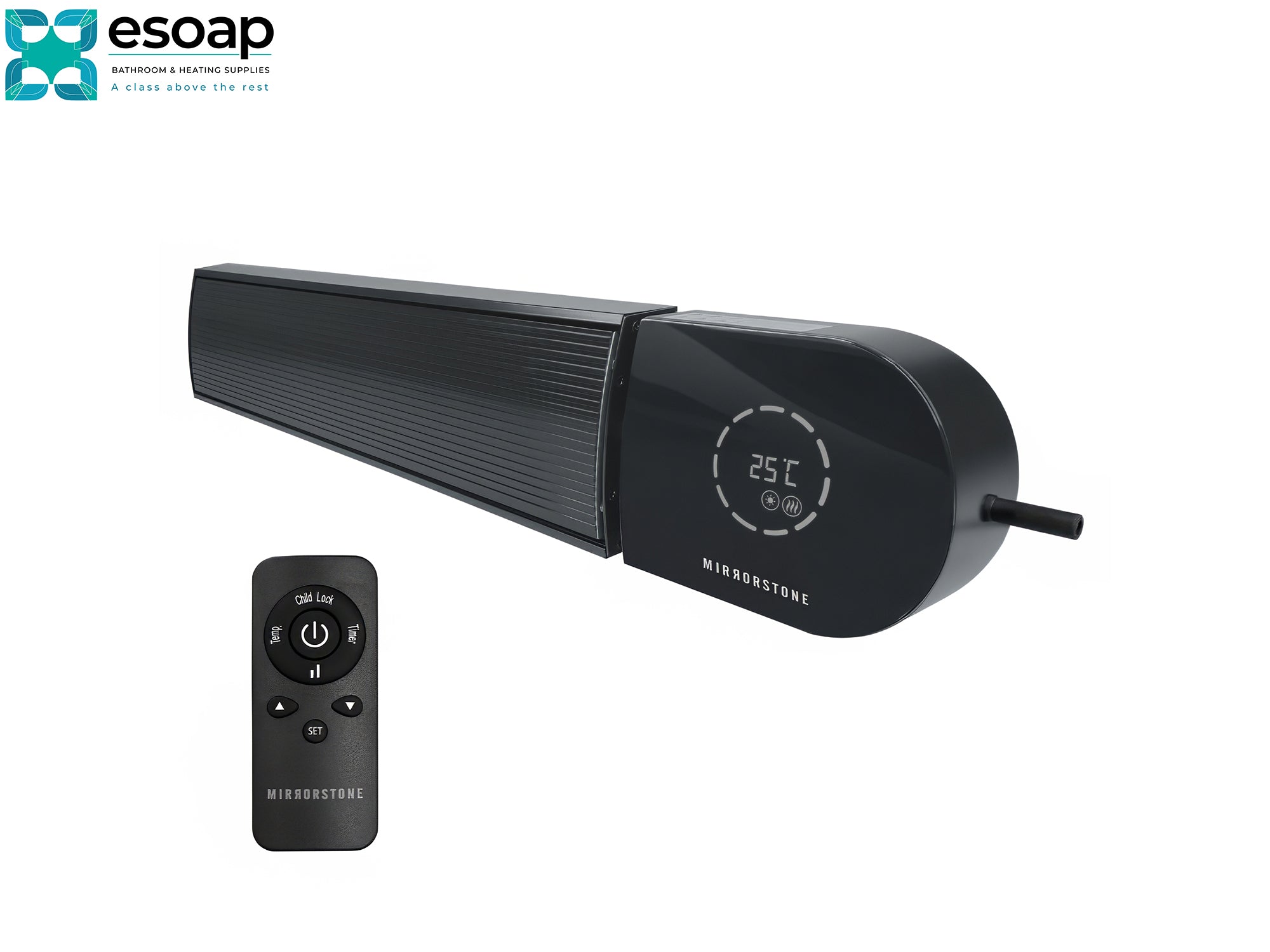 2.4kW Ionis Infrared Bar Heater Black with Wi-Fi with digital display and remote control on a white background, featuring the Esoap brand.