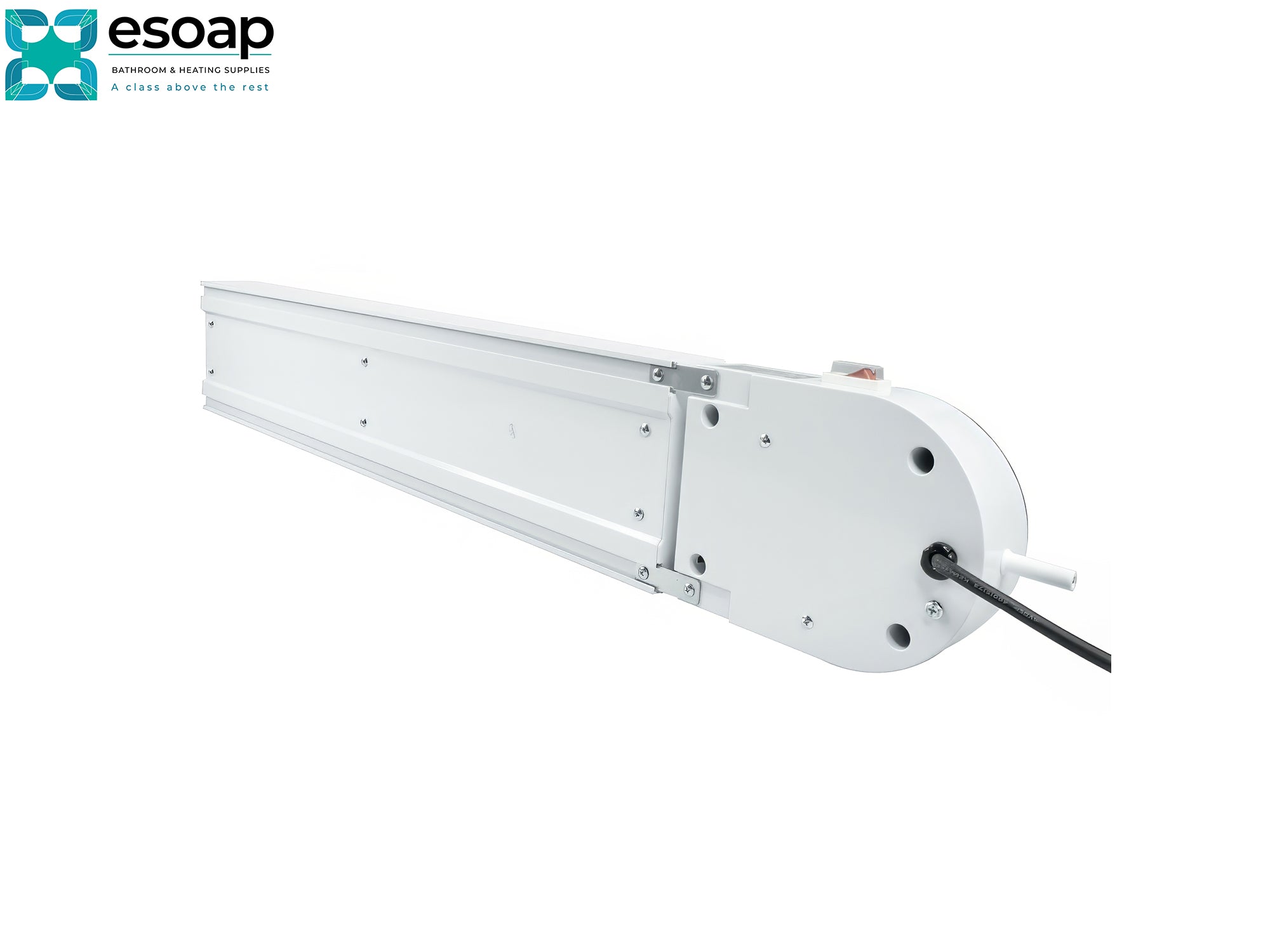 Back of 2.4kW Ionis Infrared Bar Heater White with Wi-Fi on a white background with Esoap logo.