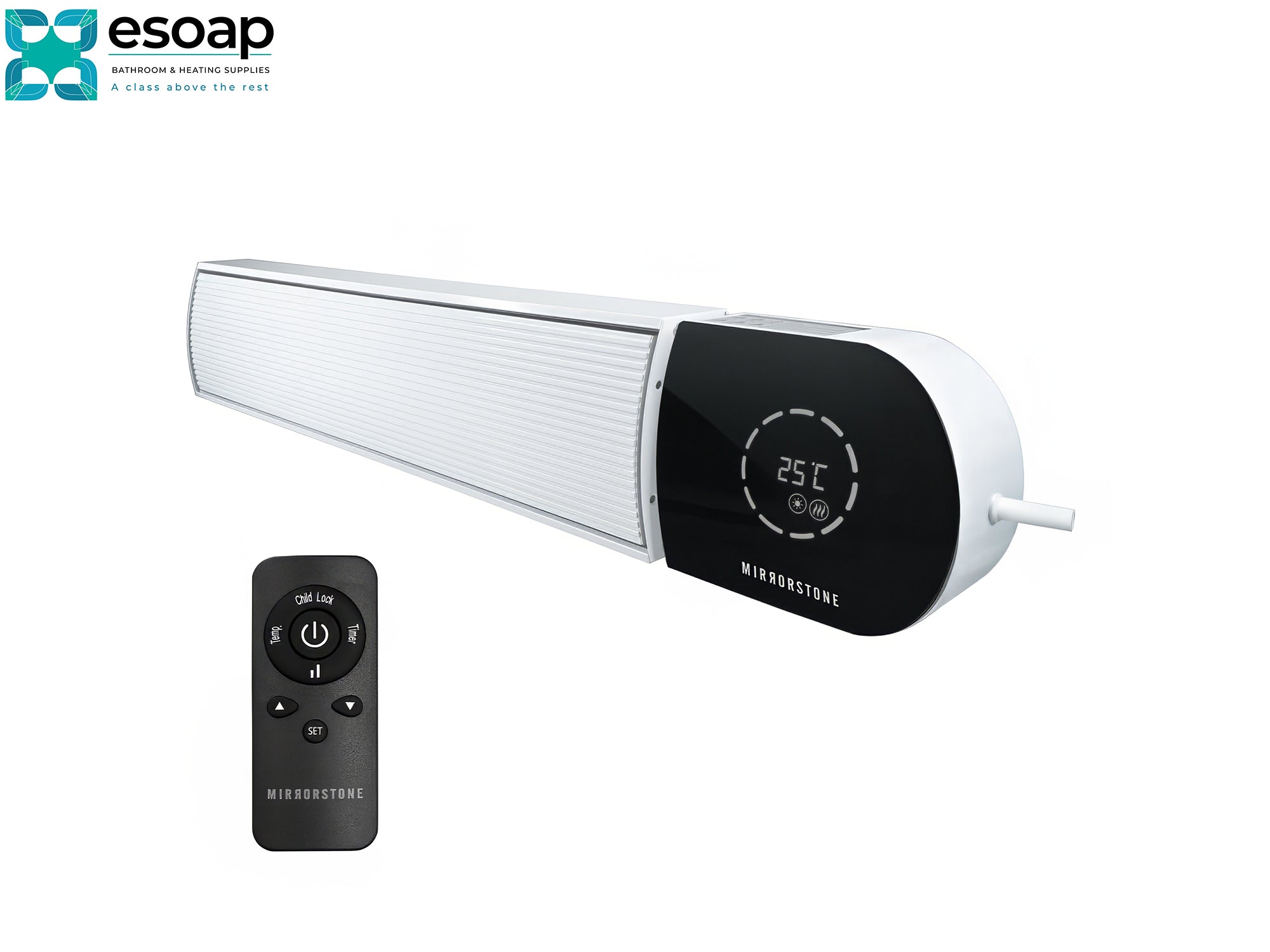 2.4kW Ionis Infrared Bar Heater White with Wi-Fi with digital display and remote control on a white background, featuring the Esoap brand.