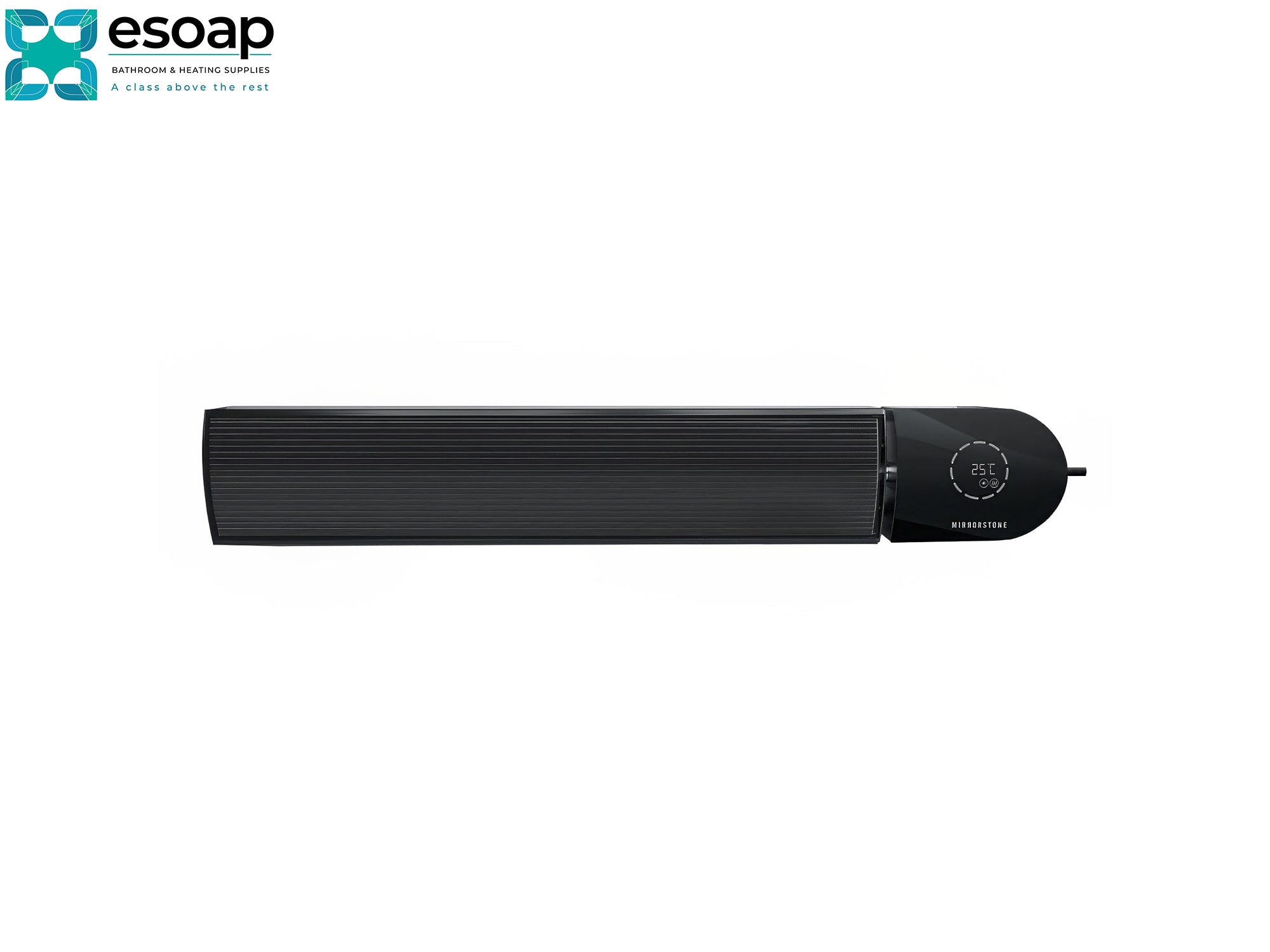 2.4kW Ionis Infrared Bar Heater Black with Wi-Fi branding on a white background, featuring the Esoap logo.