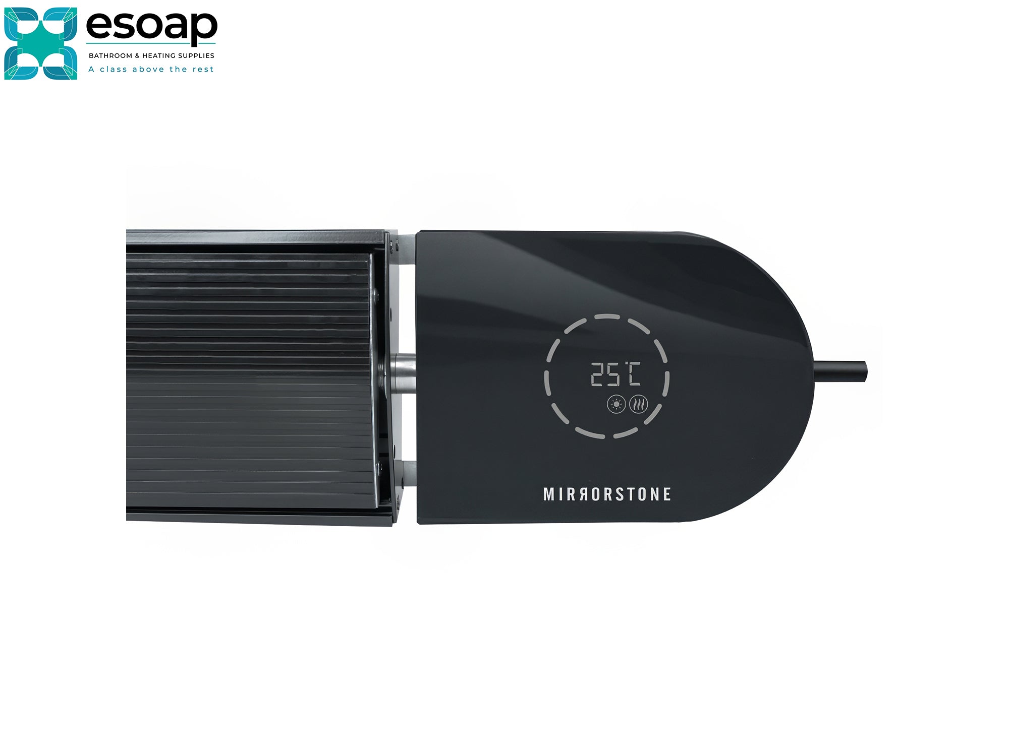 2.4kW Ionis Infrared Bar Heater Black with Wi-Fi with digital display on a white background, featuring the brand 'Mirrorstone'.