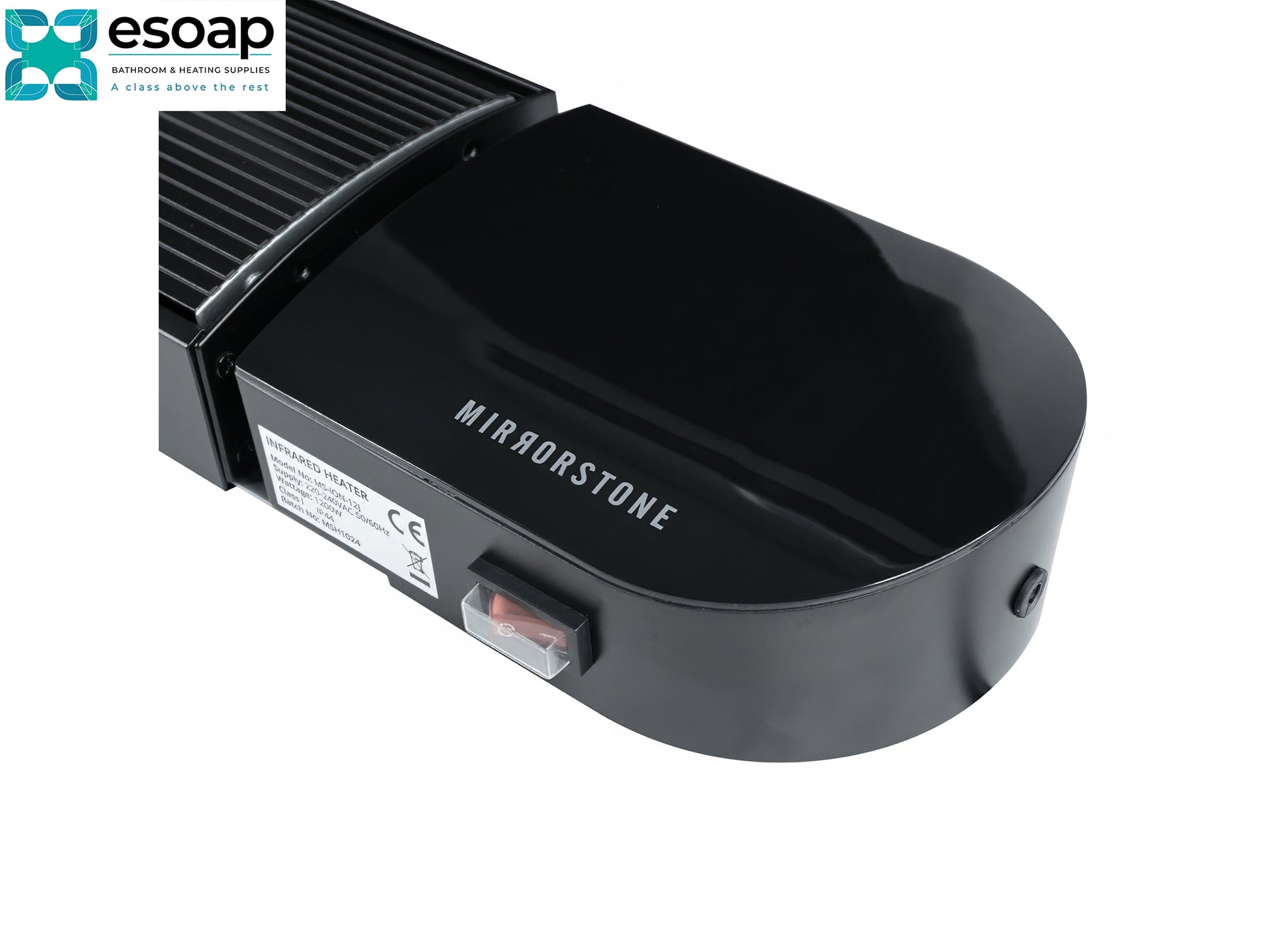 3kW Ionis Infrared Bar Heater black with 'Mirrorstone' branding on a white background featuring esoap
