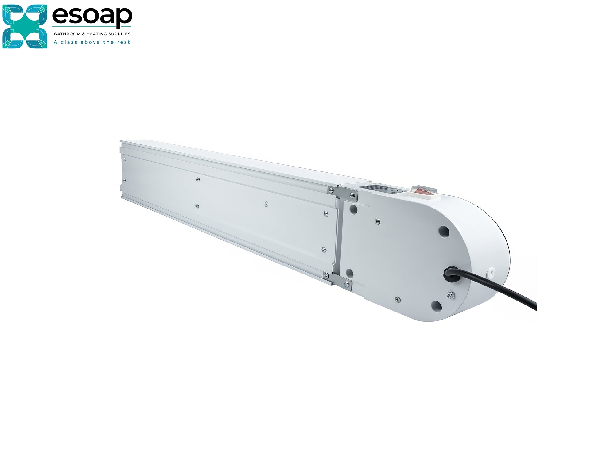 3kW Ionis Infrared Bar Heater White fixture on a white background with Esoap logo.