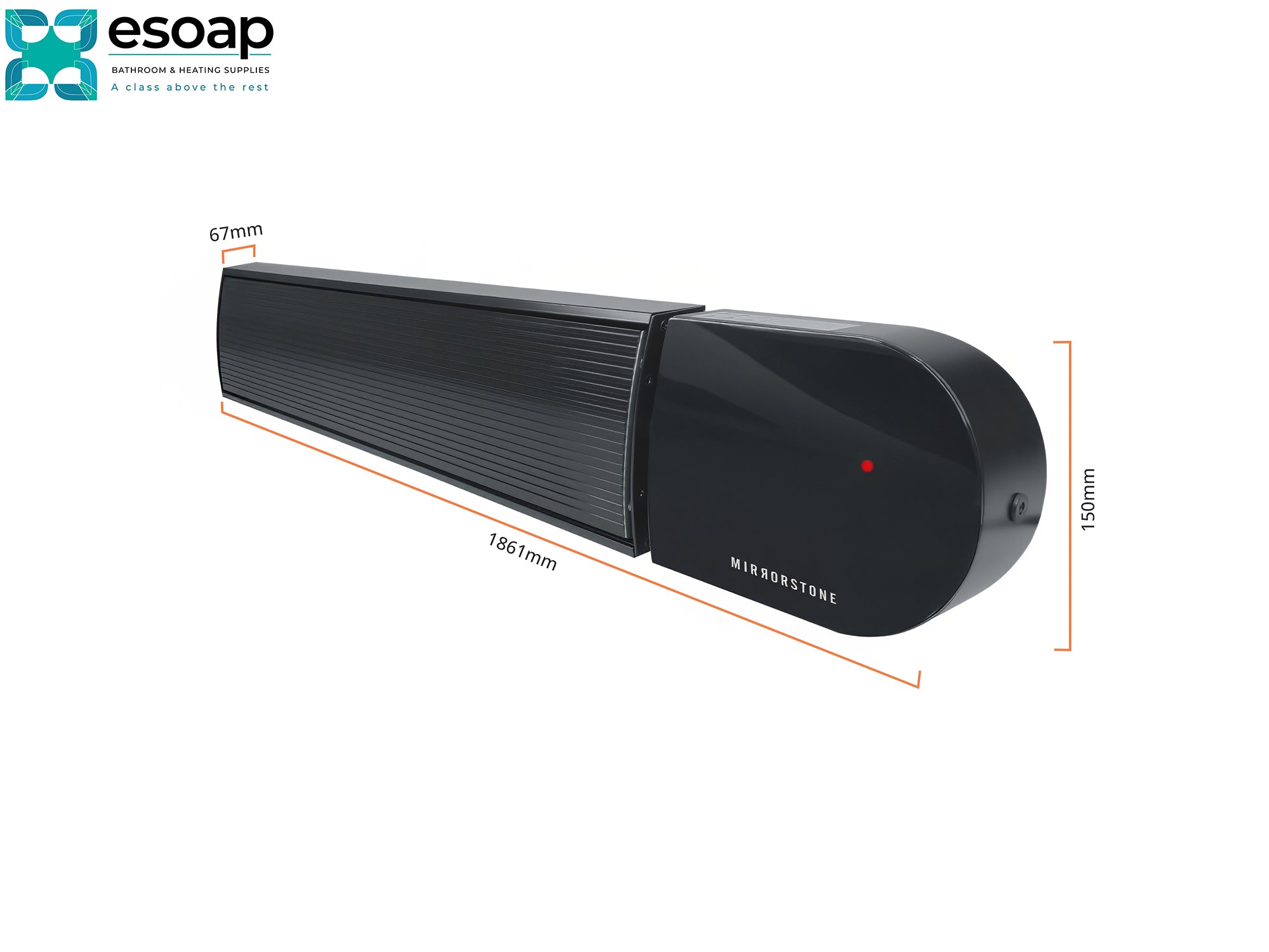 3kW Ionis Infrared Bar Heater black with dimensions labelled on a white background, featuring the Esoap brand.