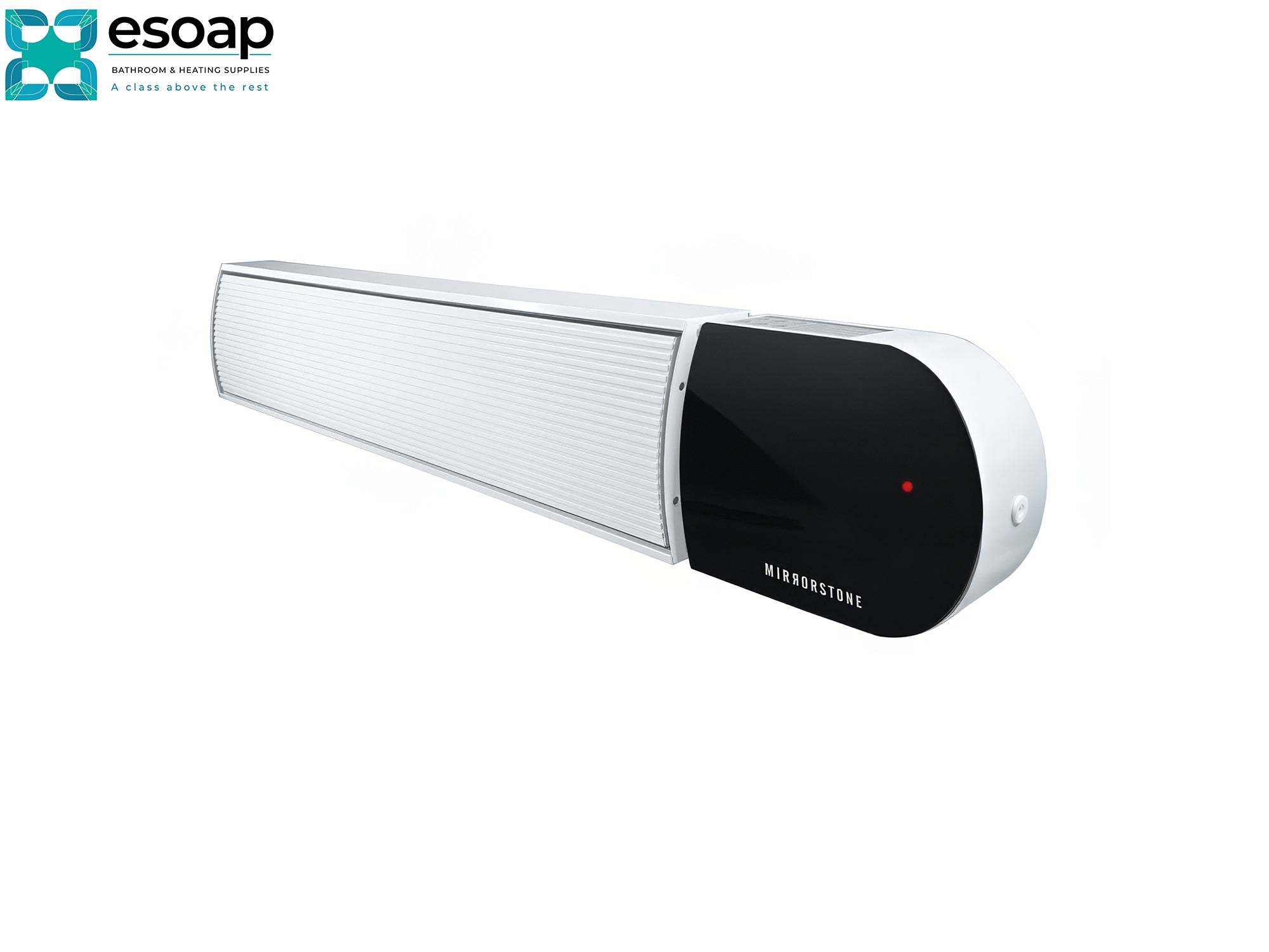 3kW Ionis Infrared Bar Heater White with black screen on a white background, featuring the esoap brand.