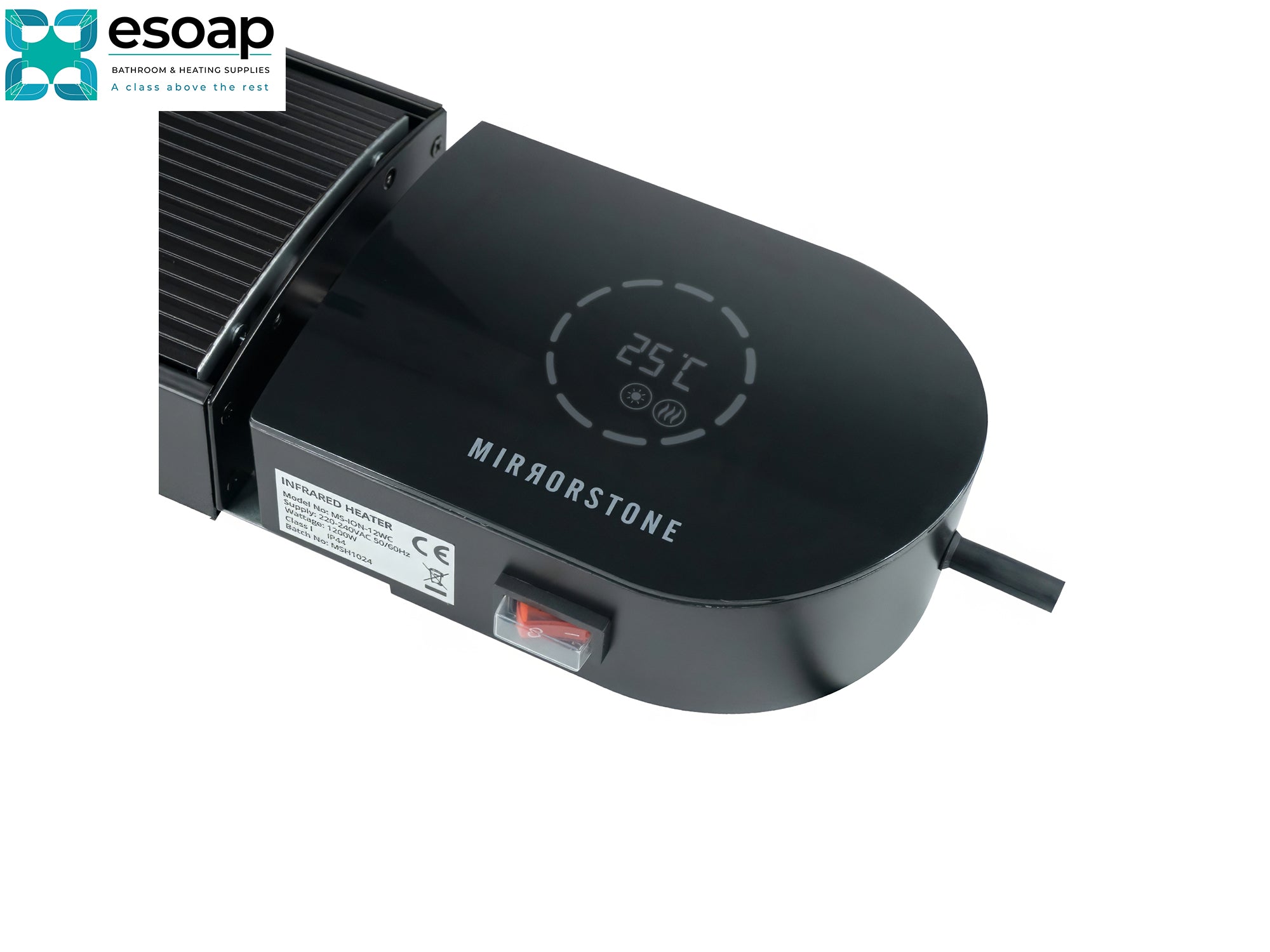 3KW Ionis Infrared Bar Heater Black with Wi-Fi with digital display on a white background, featuring the Mirrorstone brand.