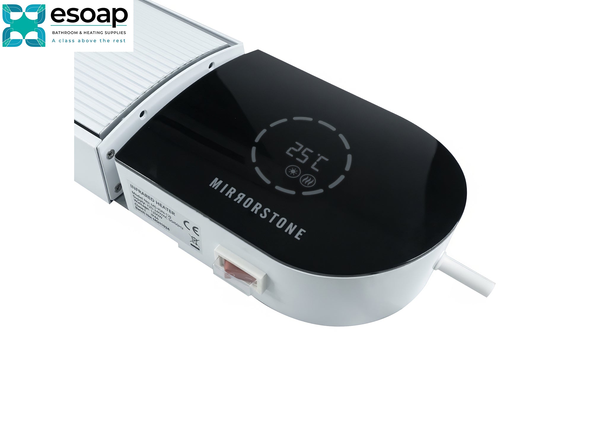 3KW Ionis Infrared Bar Heater White with Wi-Fi with digital display on a white background, featuring the esoap brand.