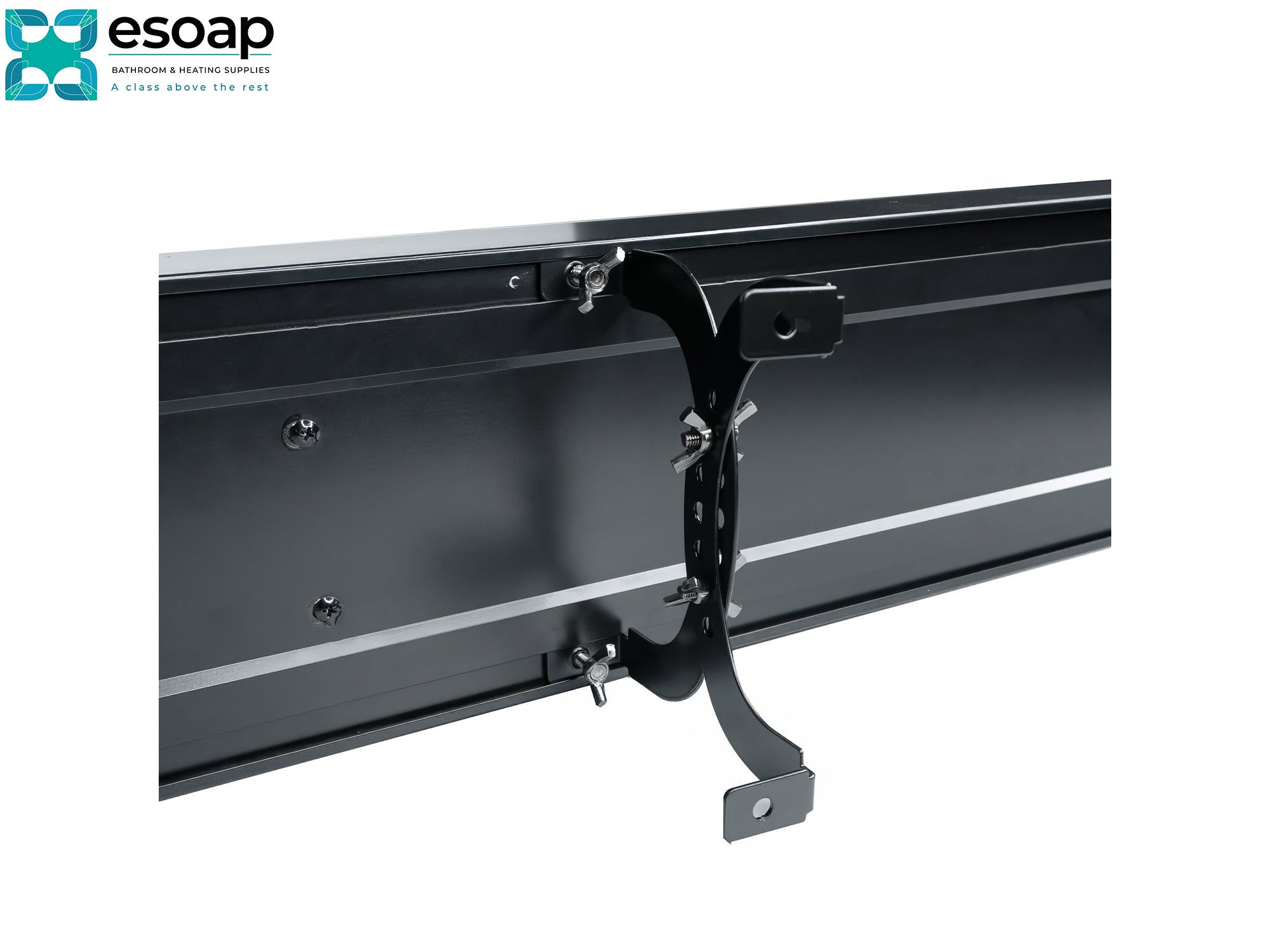 Metal bracket attached to a metal panel with Esoap logo in the corner for 3KW Ionis Infrared Bar Heater Black with Wi-Fi