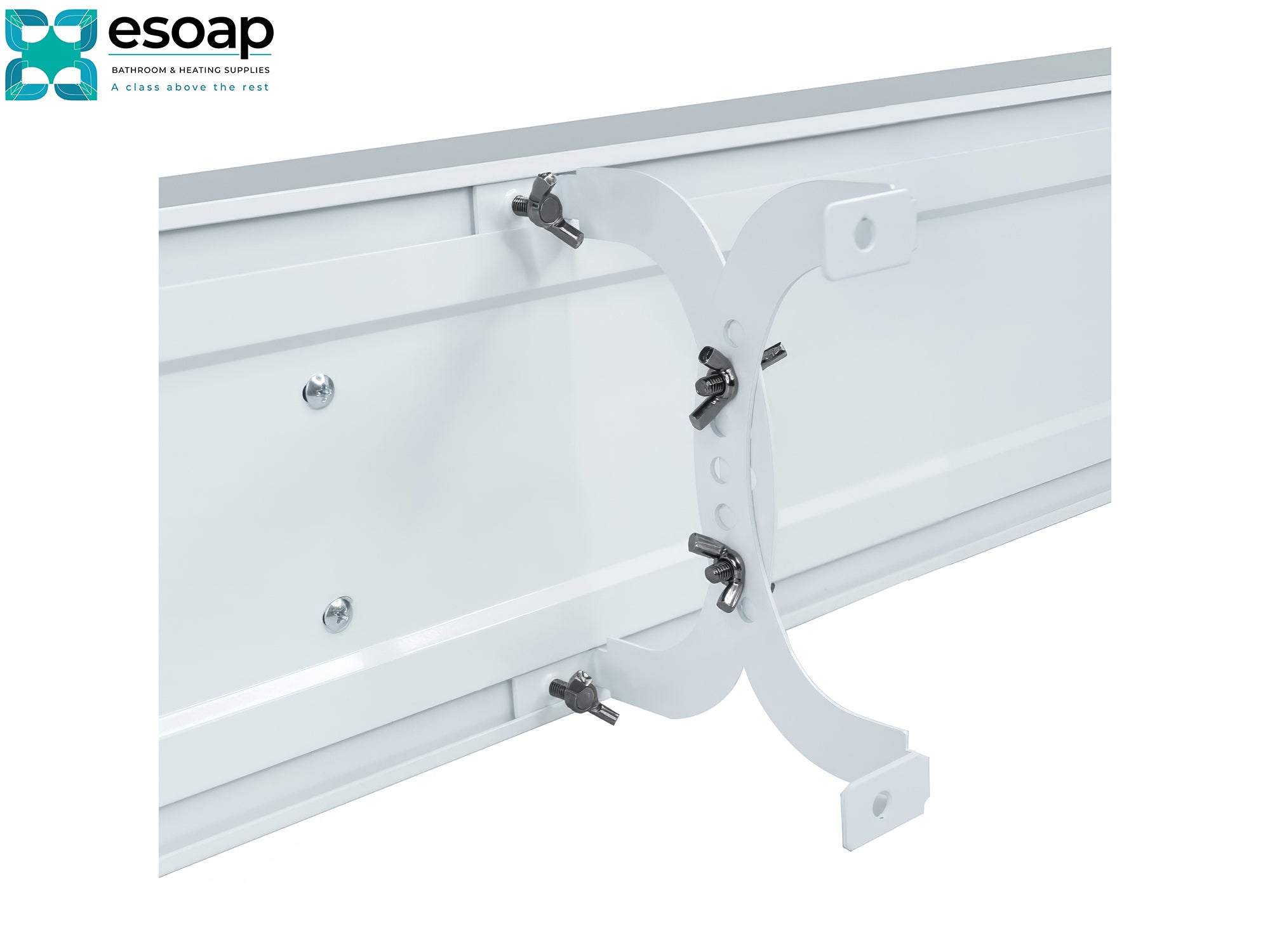 White metal bracket with screws on a white background, featuring the Esoap logo for 3KW Ionis Infrared Bar Heater White with Wi-Fi