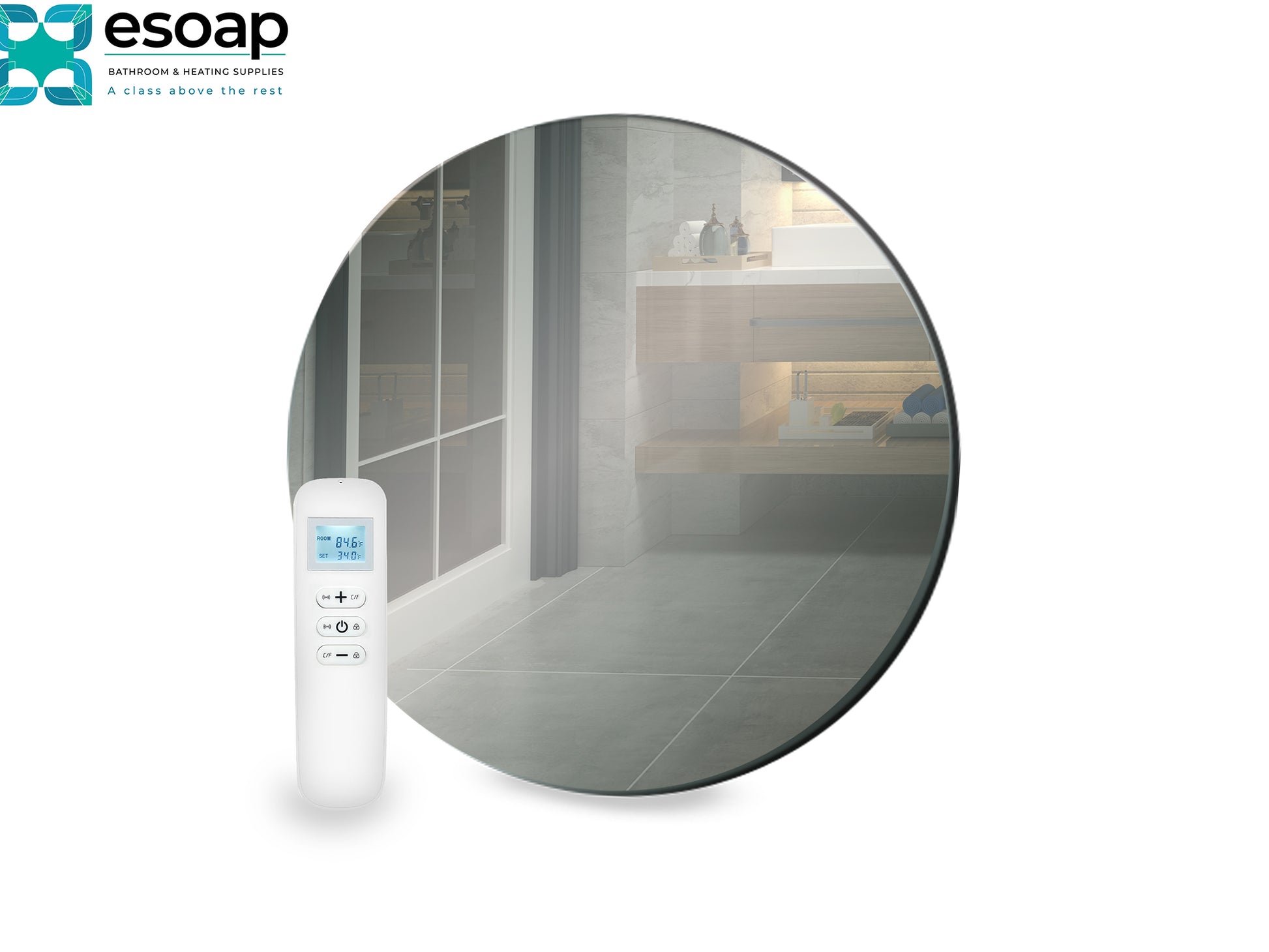 Remote control for a 320W Round Mirrored Wi-Fi Infrared Heating Panel with Esoap branding on a white background
