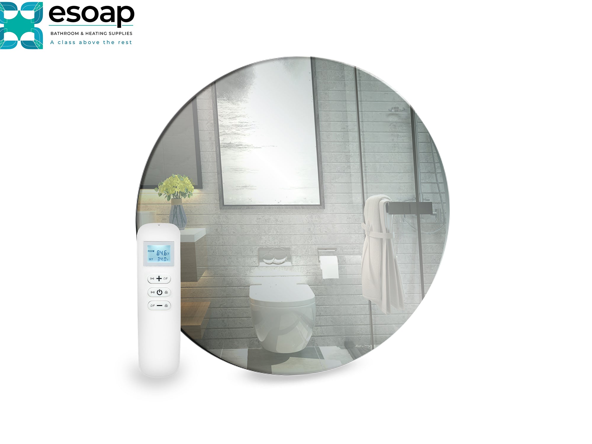 320W Round Mirrored Wi-Fi Infrared Heating Panel with remote control on a white background, featuring the Esoap brand.