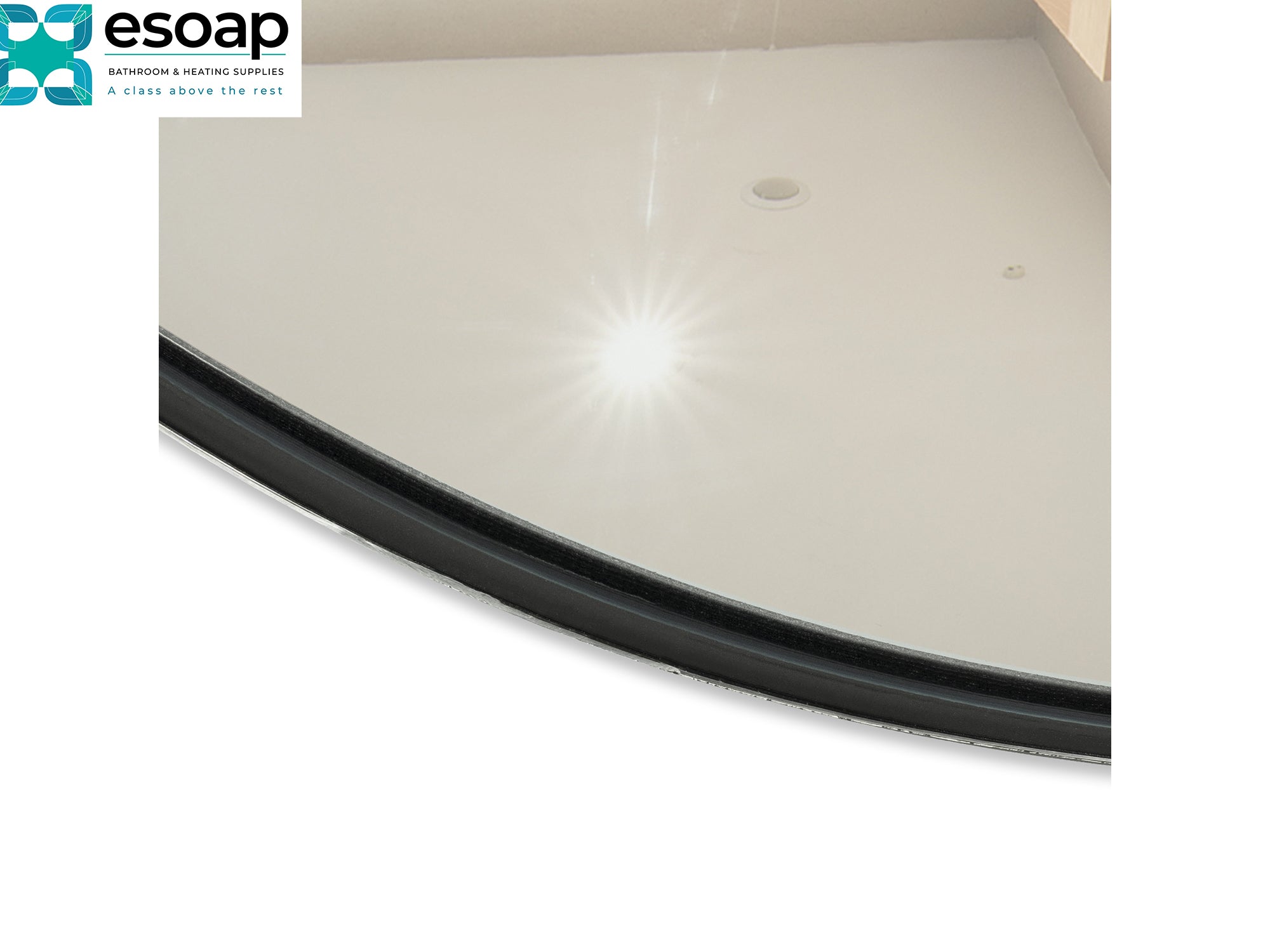Close-up of a back of 320W Round Mirrored Wi-Fi Infrared Heating Panel with a black edge, featuring the Esoap logo.