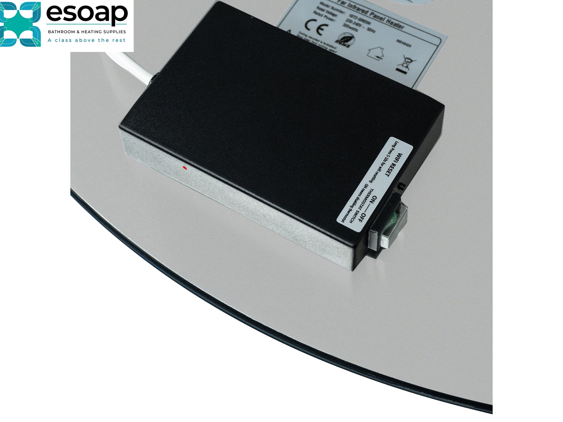Black electronic device on a gray surface with 'esoap' branding for 320W Round Mirrored Wi-Fi Infrared Heating Panel