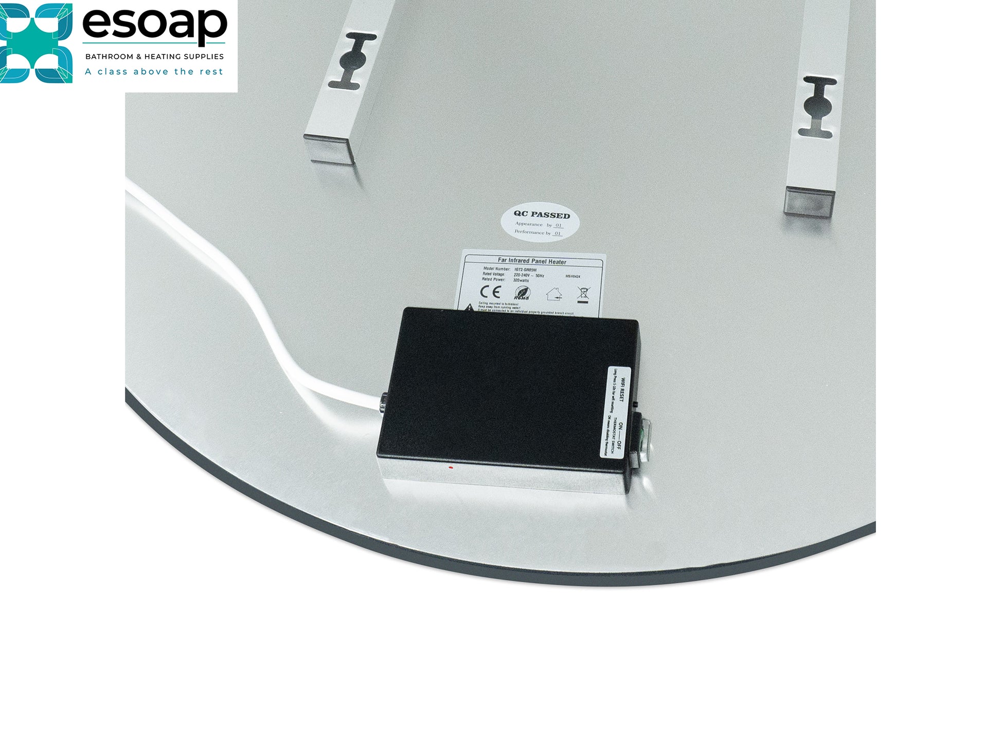 Close-up of a back of 320W Round Mirrored Wi-Fi Infrared Heating Panel with a black component and labels, featuring the Esoap logo.