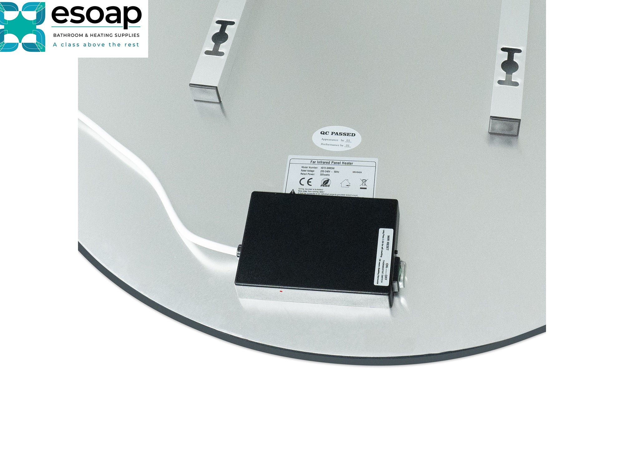 Close-up of a back of 320W Round Mirrored Wi-Fi Infrared Heating Panel with a black component and labels, featuring the Esoap logo.
