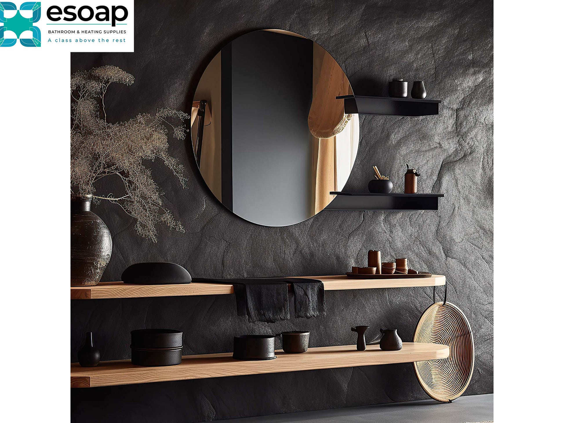 Bathroom setting with 320W Round Mirrored Wi-Fi Infrared Heating Panel and shelves against a textured wall, featuring esoap logo.