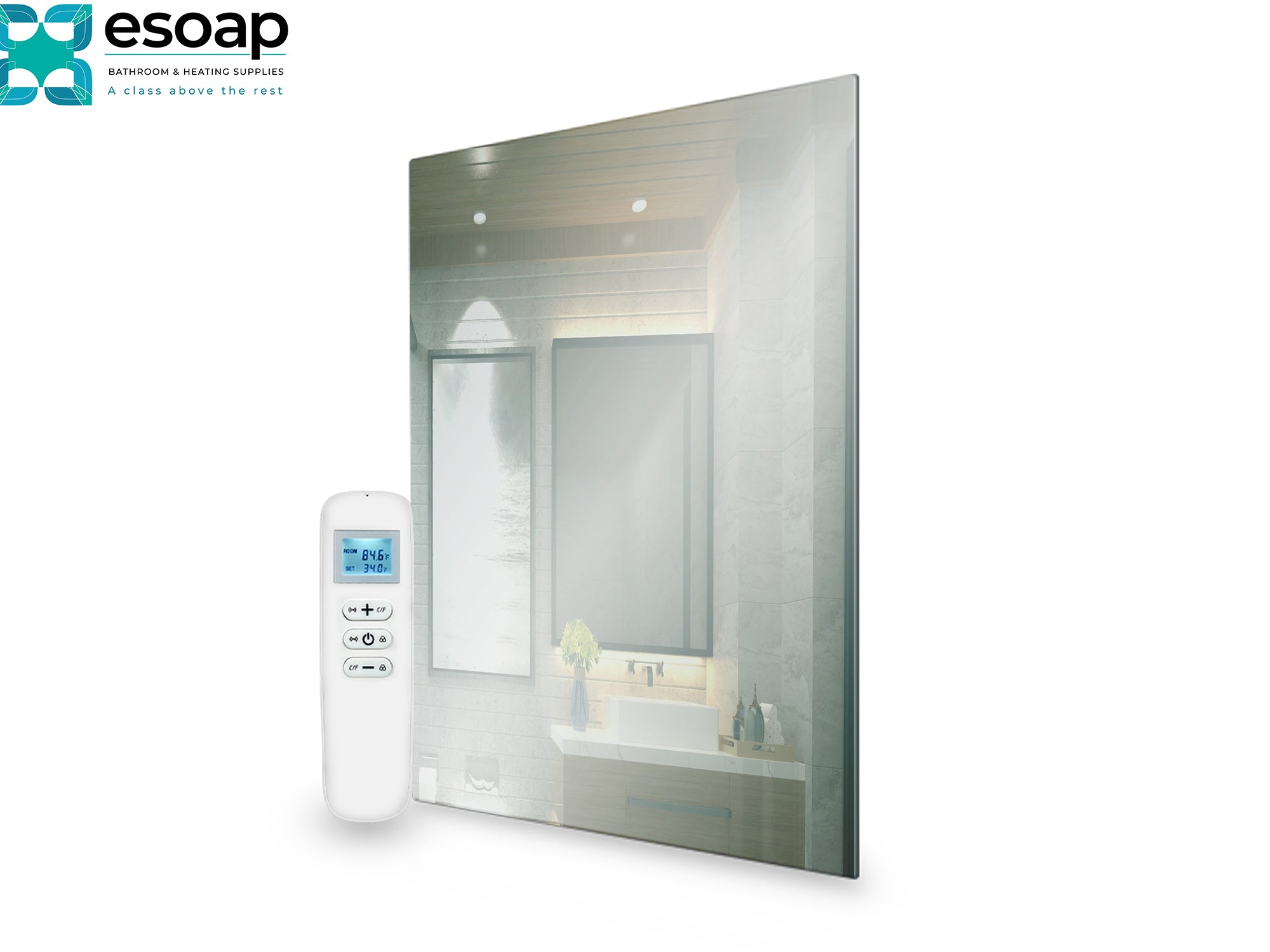 580W Mirrored Wi-Fi Infrared Heating Panel with digital display and control panel on a white background, featuring the Esoap brand.