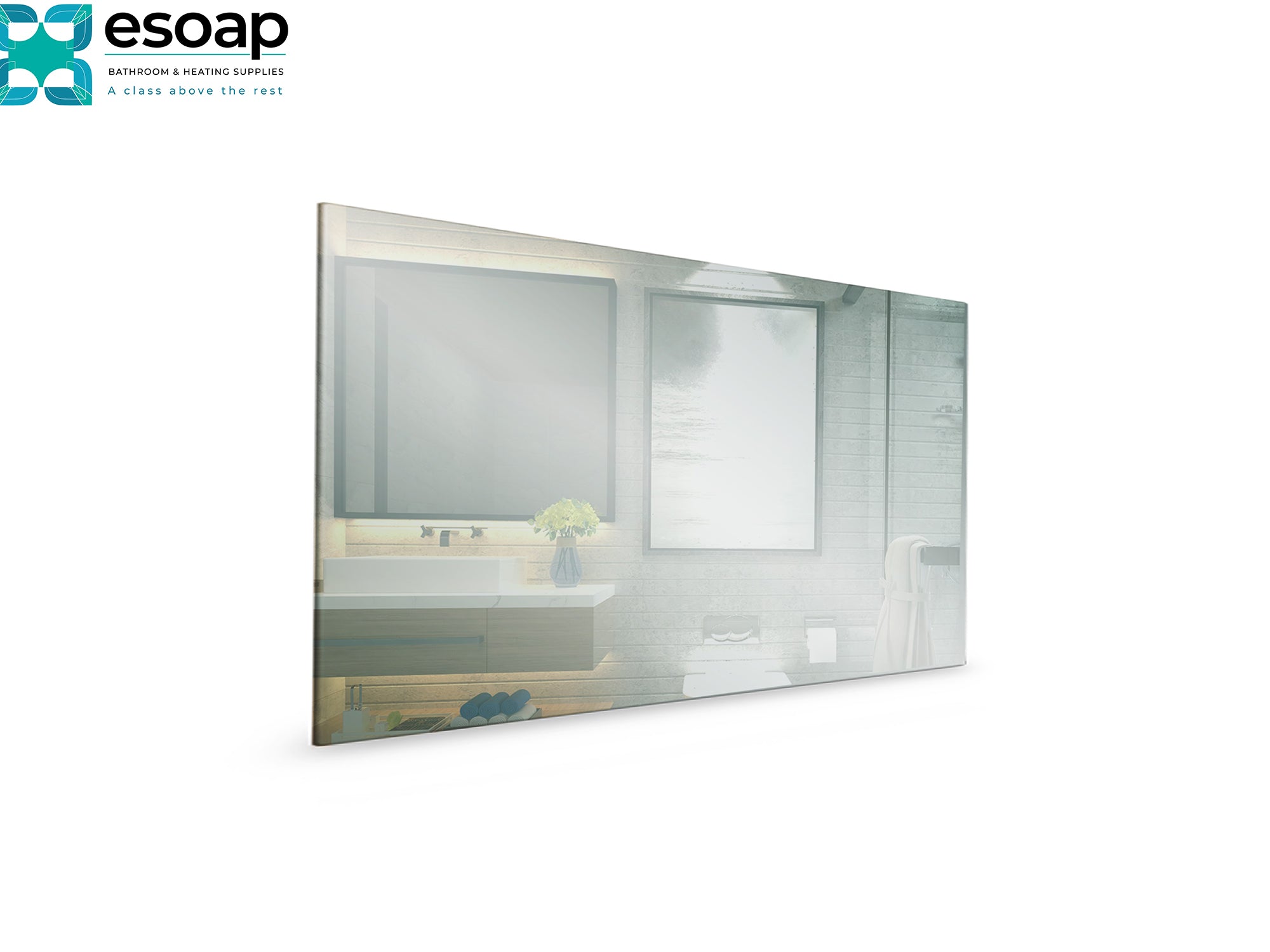 580W Mirrored Wi-Fi Infrared Heating Panel with Esoap logo on a white background