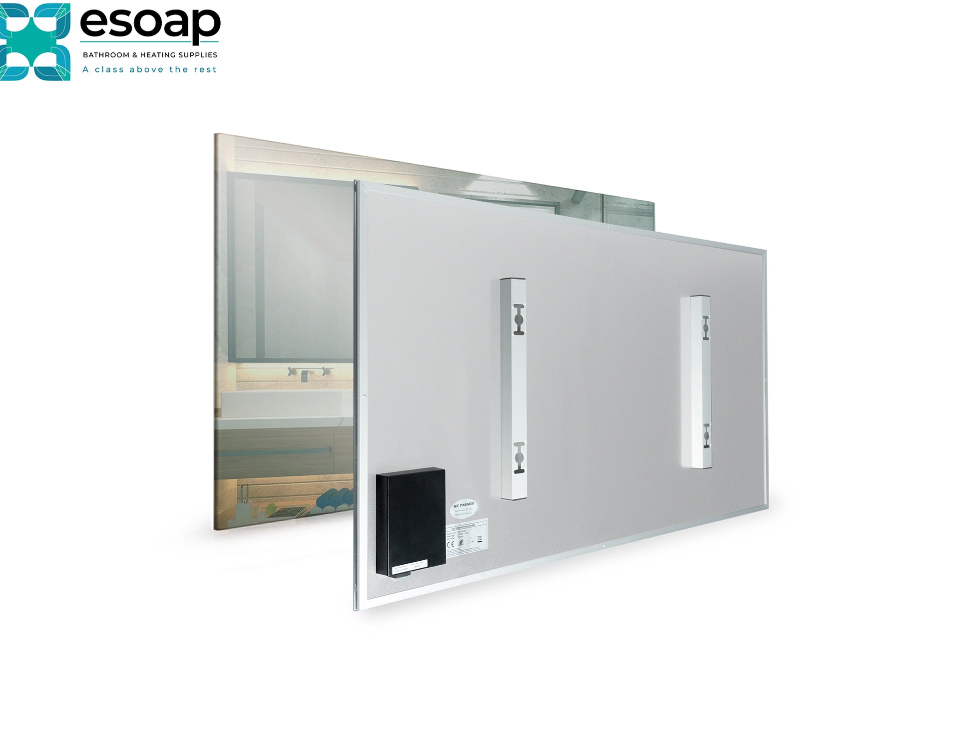 Front and back of 580W Mirrored Wi-Fi Infrared Heating Panel on a white background, featuring the Esoap brand.