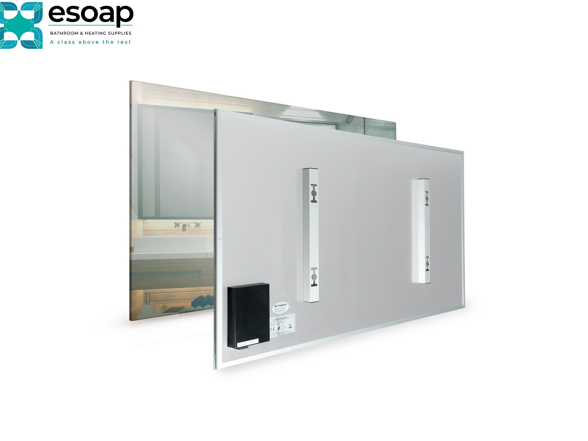 Front and back of 580W Mirrored Wi-Fi Infrared Heating Panel on a white background, featuring the Esoap brand.