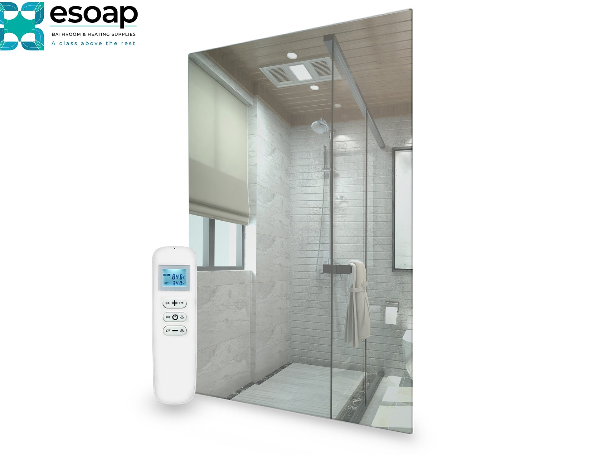 Modern shower enclosure with glass door and control panel, featuring the Esoap brand visible from700W Mirrored Wi-Fi Infrared Heating Panel