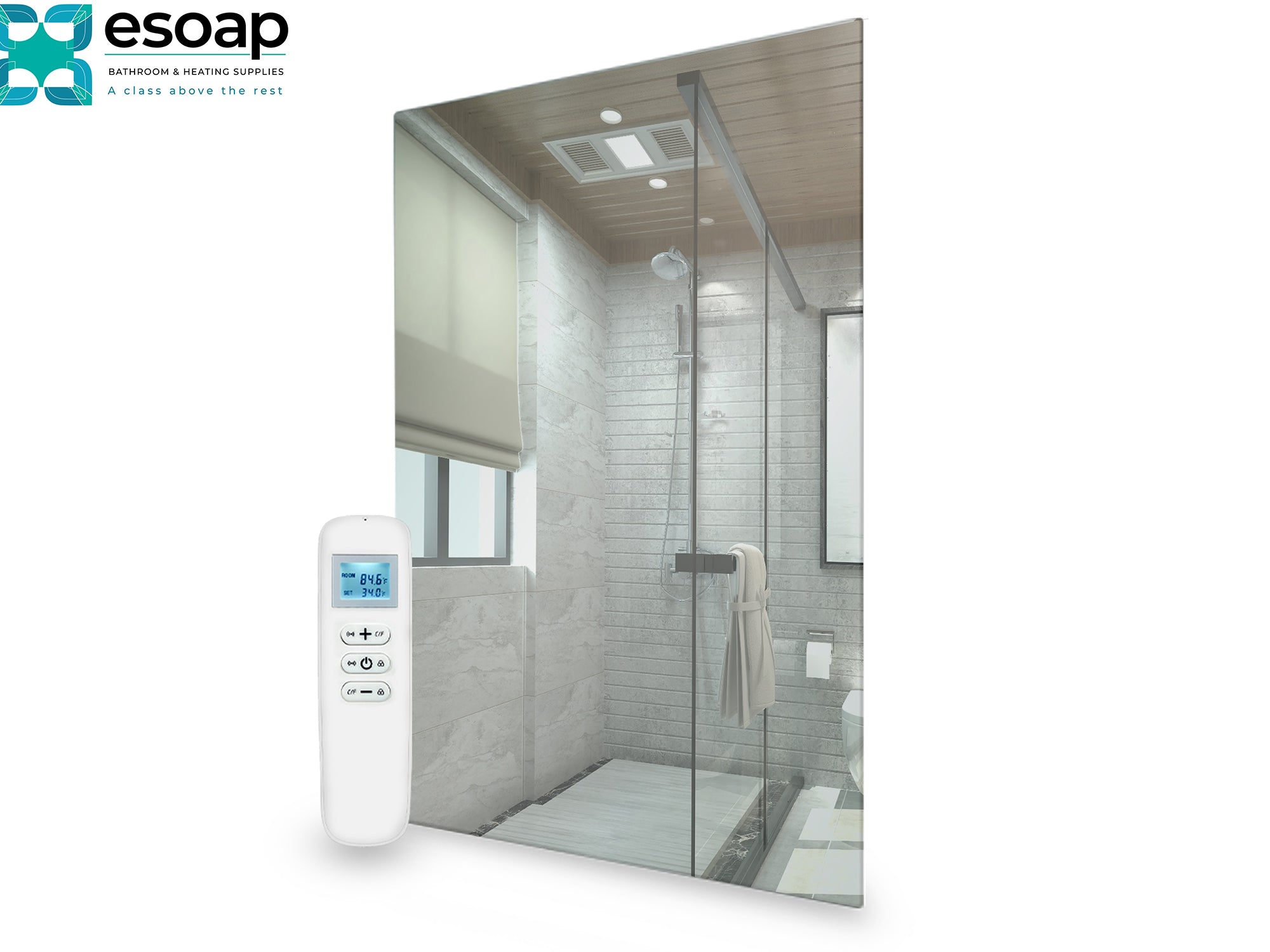 Modern shower enclosure with glass door and control panel, featuring the Esoap brand visible from700W Mirrored Wi-Fi Infrared Heating Panel