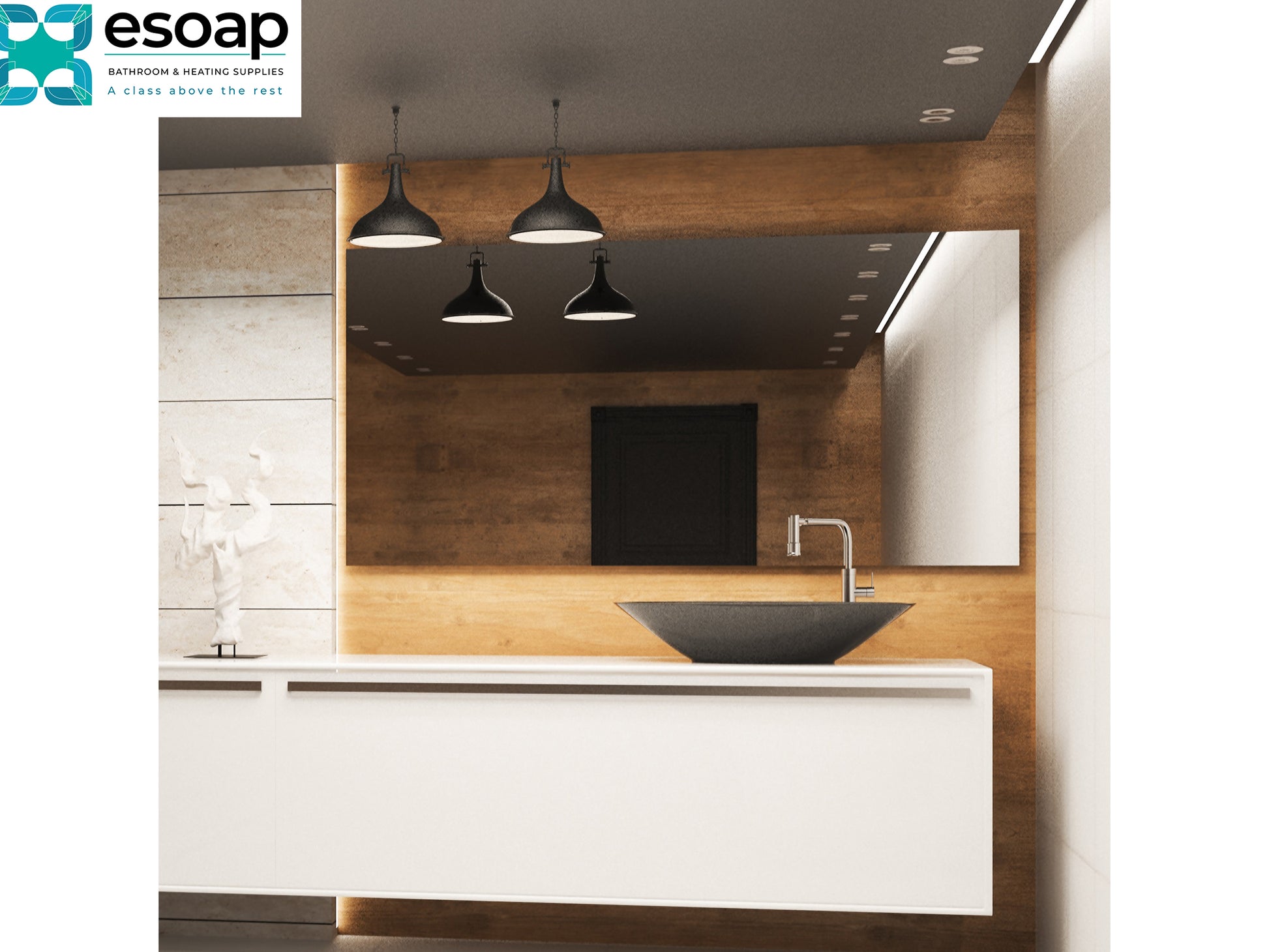 Modern kitchen with wooden backsplash and white cabinets,700W Mirrored Wi-Fi Infrared Heating Panel featuring the Esoap logo.