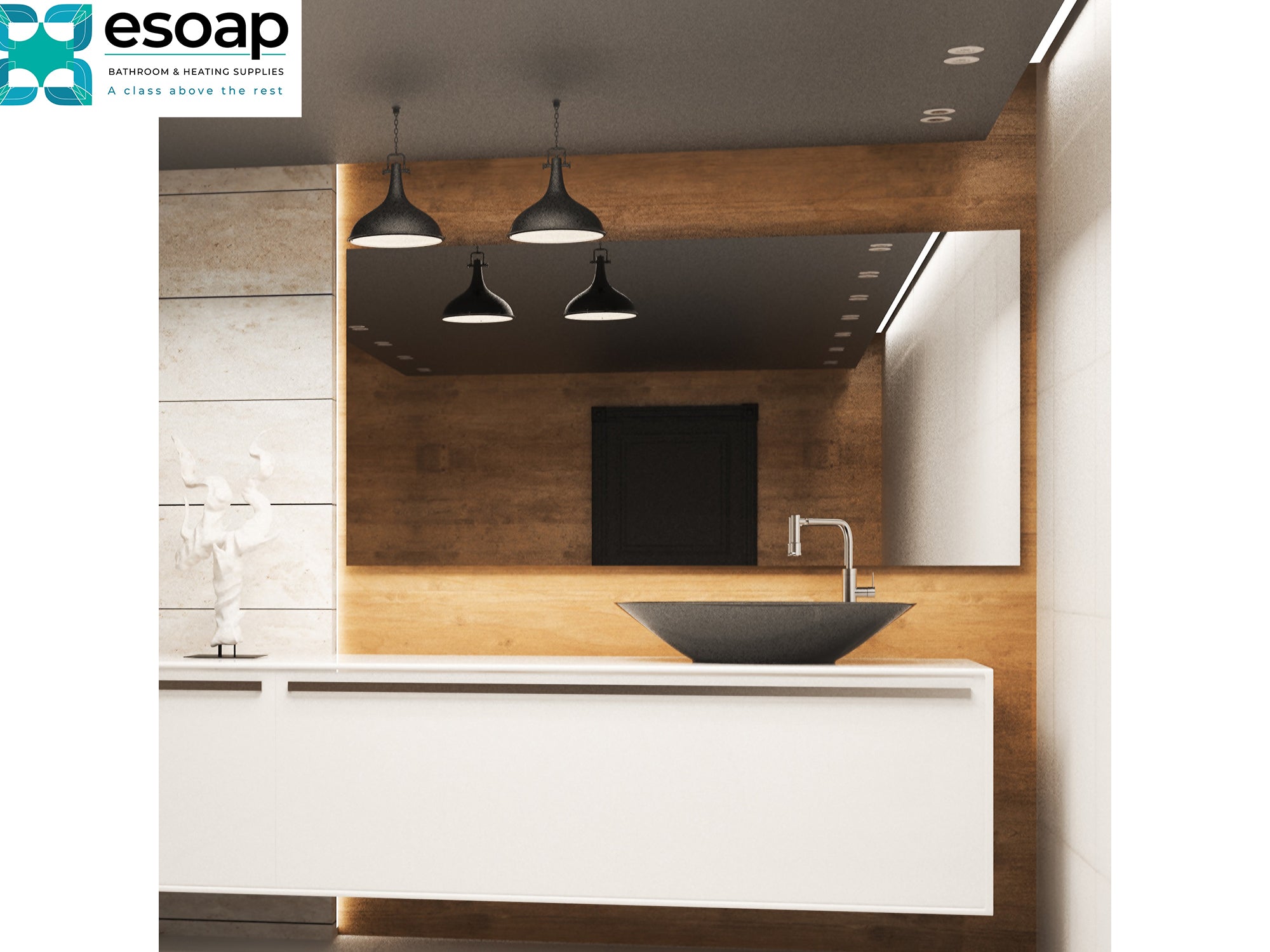 Modern kitchen with wooden backsplash and white cabinets,700W Mirrored Wi-Fi Infrared Heating Panel featuring the Esoap logo.
