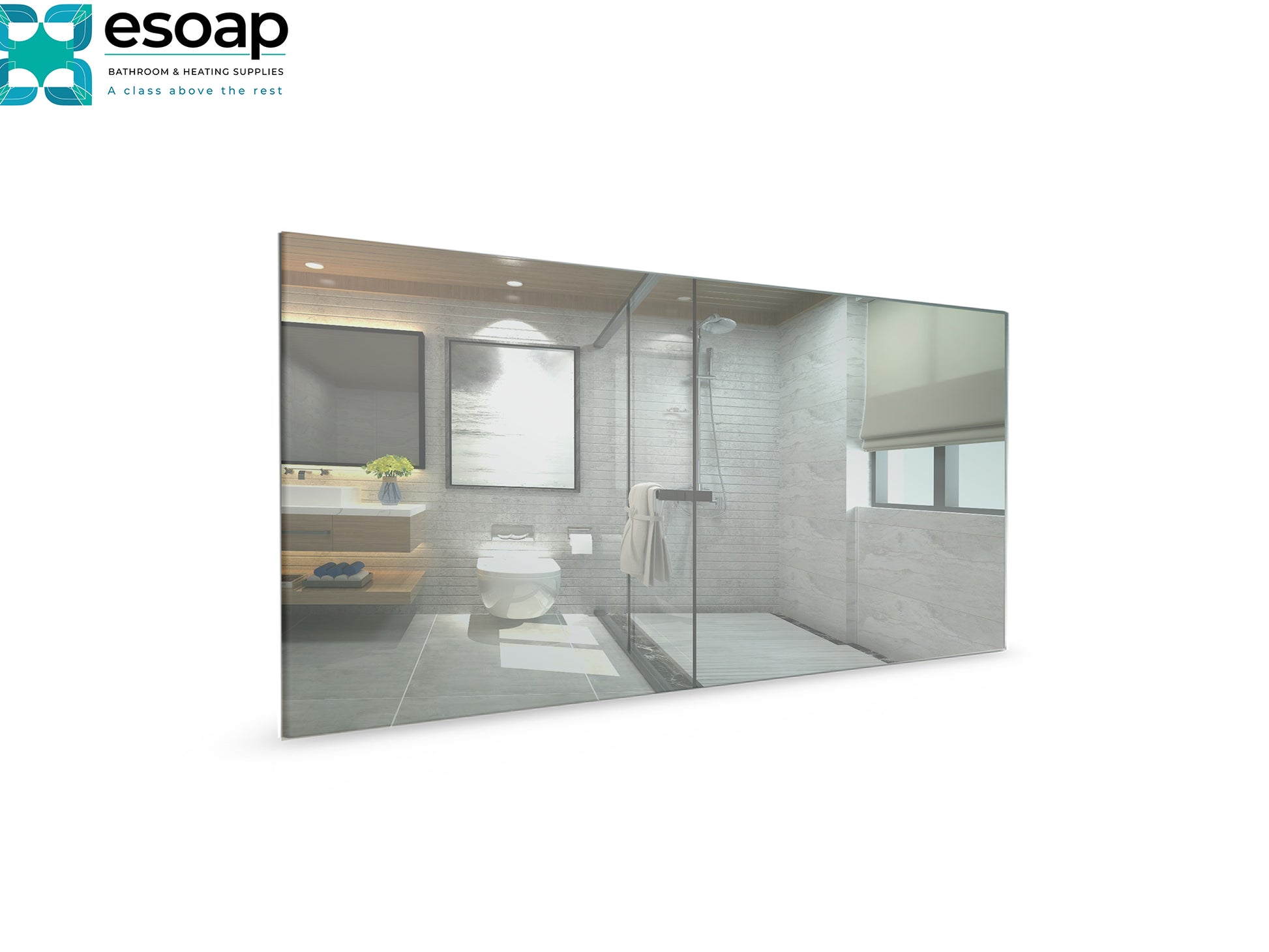 Bathroom interior with glass shower enclosure and Esoap logo visible from 700W Mirrored Wi-Fi Infrared Heating Panel
