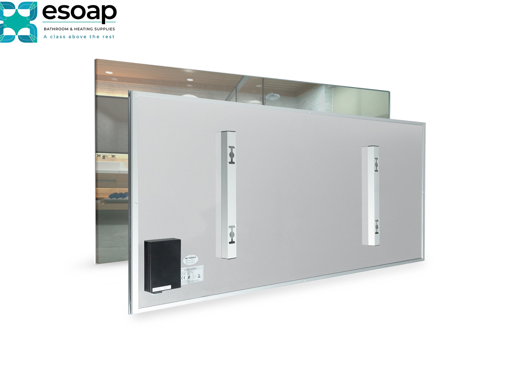 front and back of 700W Mirrored Wi-Fi Infrared Heating Panel, featuring the Esoap brand.