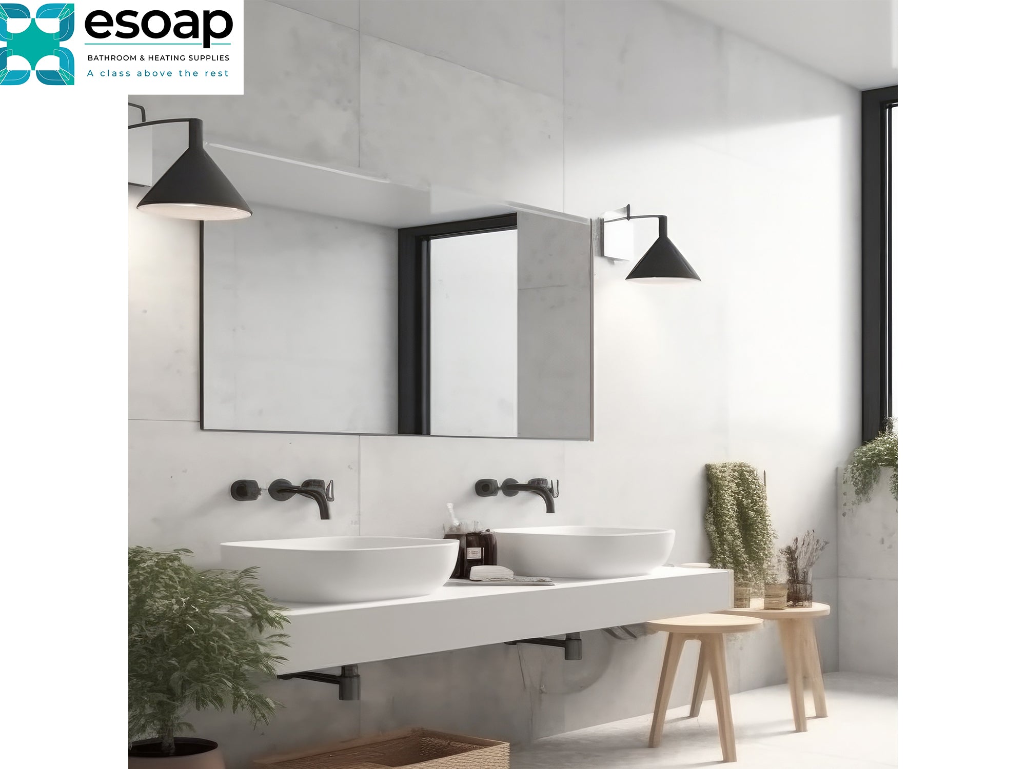 Modern bathroom with white vanity, 700W Mirrored Wi-Fi Infrared Heating Panel, and decorative elements, featuring the esoap brand.