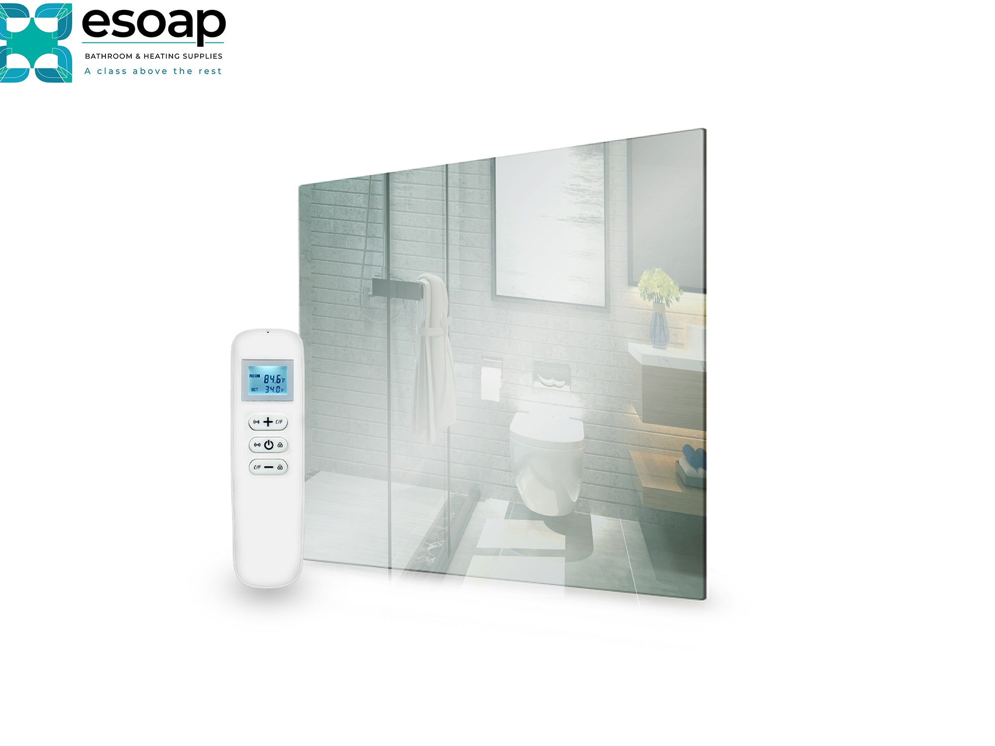Electronic device with a screen and buttons next to a 320W Mirrored Wi-Fi Infrared Heating Panel in a bathroom setting, featuring the Esoap brand.